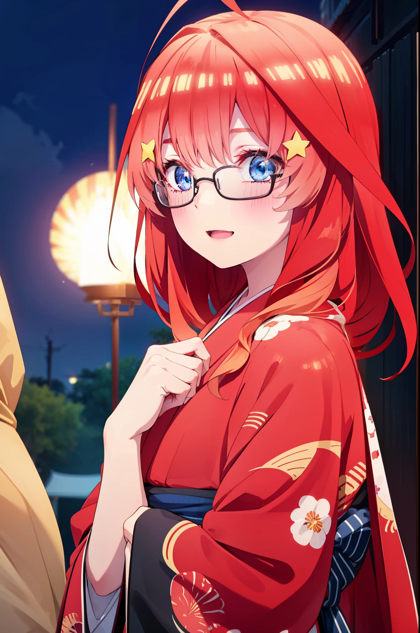 itsukinakano, Itsuki Nakano, bangs, blue eyes, Hair between the eyes, Ahoge, Redhead, star \(symbol\), hair ornaments, star hair ornaments,Akagi Glasses,smile,blush,Happy atmosphere,Open your mouth,Long Hair,Tie your hair back,red kimono,Thick sleeves,Sandals,White tabi,night空の花火,Fireworks display,Japanese Festivals,Summer festival food stalls,Red Lantern,night,イラストにwhole bodyが入るように, night
break outdoors, shrine,                                              break looking at viewer,whole body,
break (masterpiece:1.2), highest quality, High resolution, unity 8k wallpaper, (shape:0.8), (Beautiful and beautiful eyes:1.6), Highly detailed face, Perfect lighting, Highly detailed CG, (Perfect hands, Perfect Anatomy),
