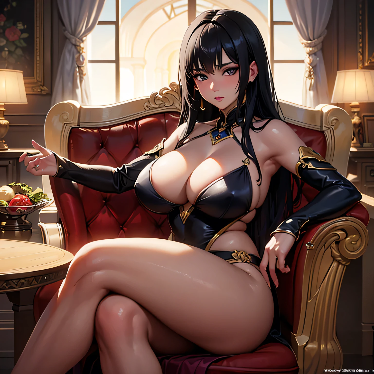 (best quality, ultra HD:1.2), realistic, black-haired woman with captivating, black eyes and an alluring presence. She has a curvaceous figure, characterized by her and voluptuous hips. The woman exudes sensuality and is dressed in a seductive manner. She is sitting comfortably on a couch, radiating confidence and allure. The scene is beautifully lit, casting a soft glow on her features, enhancing the overall appeal. The setting is exquisitely detailed, with an emphasis on every aspect of her appearance, including her flawless skin and mesmerizing gaze. The artwork showcases a high level of craftsmanship, capturing the woman's essence with ultra-fine detail, bringing her to life in a realistic and breathtaking manner. The colors are vivid and vibrant, adding depth and richness to the image. This masterpiece is a celebration of female beauty and allure, inviting viewers into a world of elegance and desire.