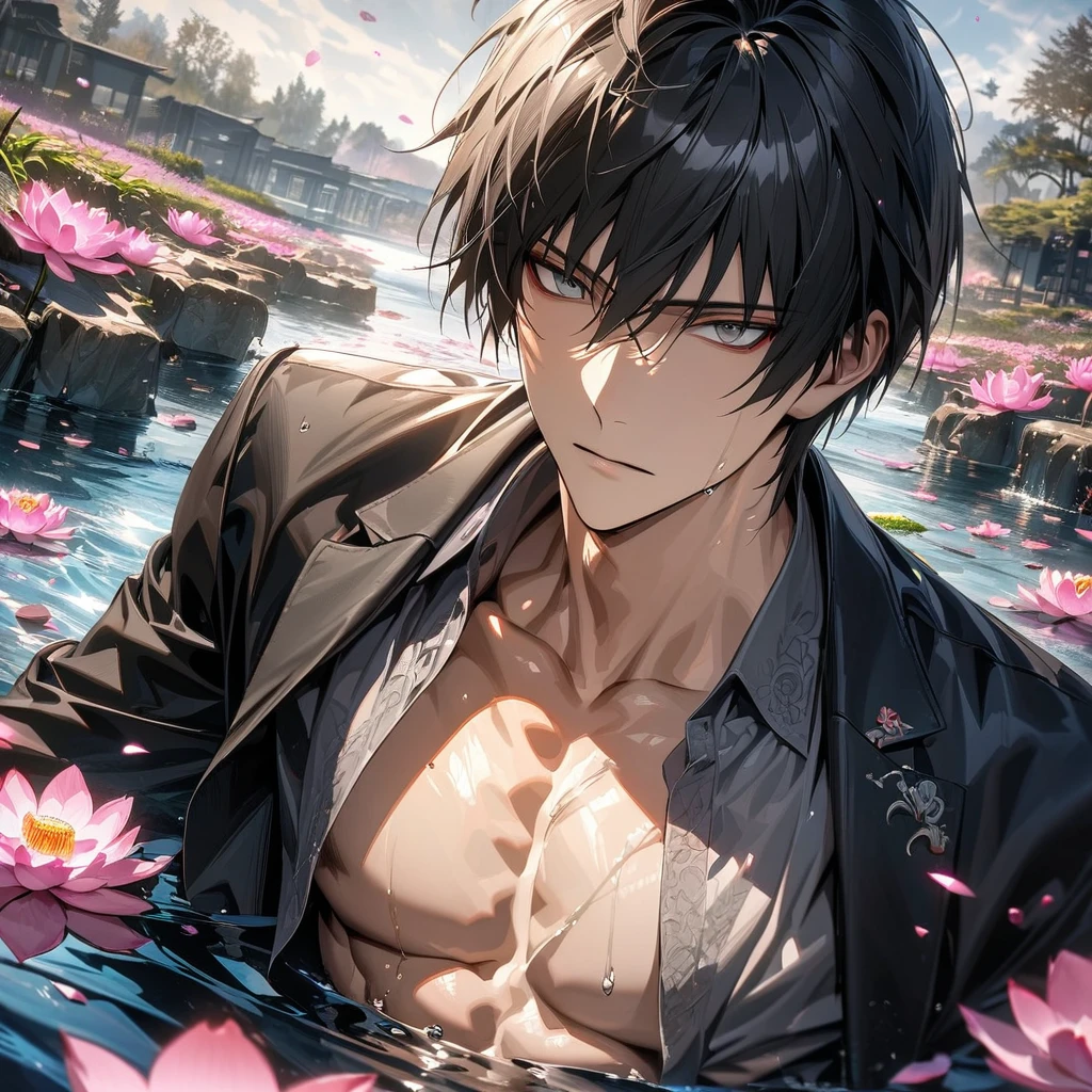 absurdres, highres, ultra detailed, HDR, master piece, detailed picture, extremely detailed face and eyes, Wolfwood, black straight hair with bangs, expressive gray eyes, Trigun, black sunglasses, sexy man, handsome, toned chest, black jacket, gray shirt, water, pink lotus, petals, spring