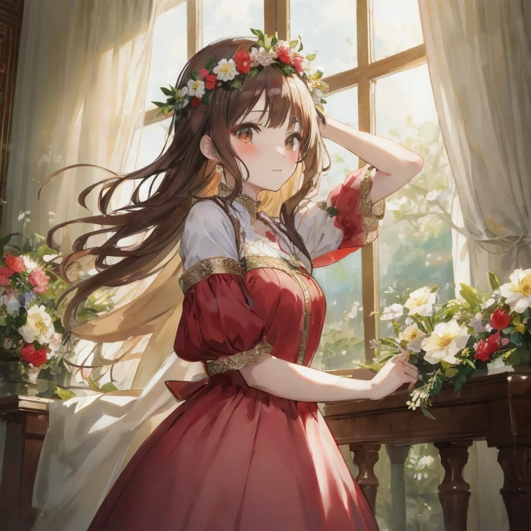 Anime girl in red dress with flowers in her hair, Cute anime waifu in a nice dress, in dress, Beautiful maiden, kawacy, Beautiful anime girl, guweiz, Beautiful Anime Portrait, sakimichan, high quality portrait, marin kitagawa fanart, Beautiful anime, She has a crown of flowers, Anime visuals of cute girls