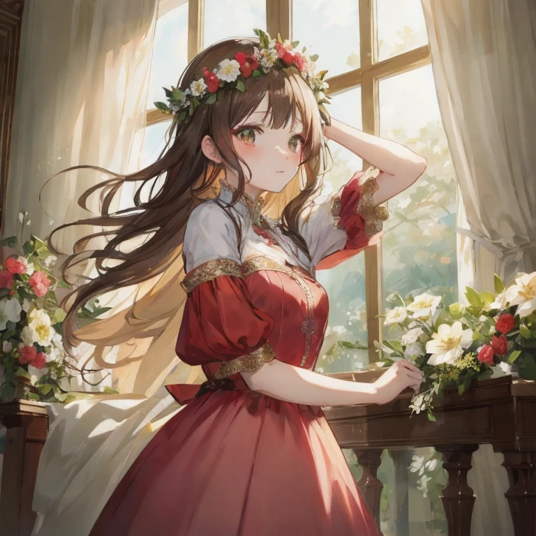 Anime girl in red dress with flowers in her hair, Cute anime waifu in a nice dress, in dress, Beautiful maiden, kawacy, Beautiful anime girl, guweiz, Beautiful Anime Portrait, sakimichan, high quality portrait, marin kitagawa fanart, Beautiful anime, She has a crown of flowers, Anime visuals of cute girls