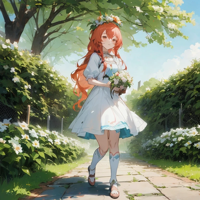 anime girl with long red hair walking down a path in a garden, cute anime waifu in a nice dress, cushart krenz key art feminine, guweiz on pixiv artstation, guweiz, guweiz on artstation pixiv, in dress, she is the center of the garden, artwork in the style of guweiz