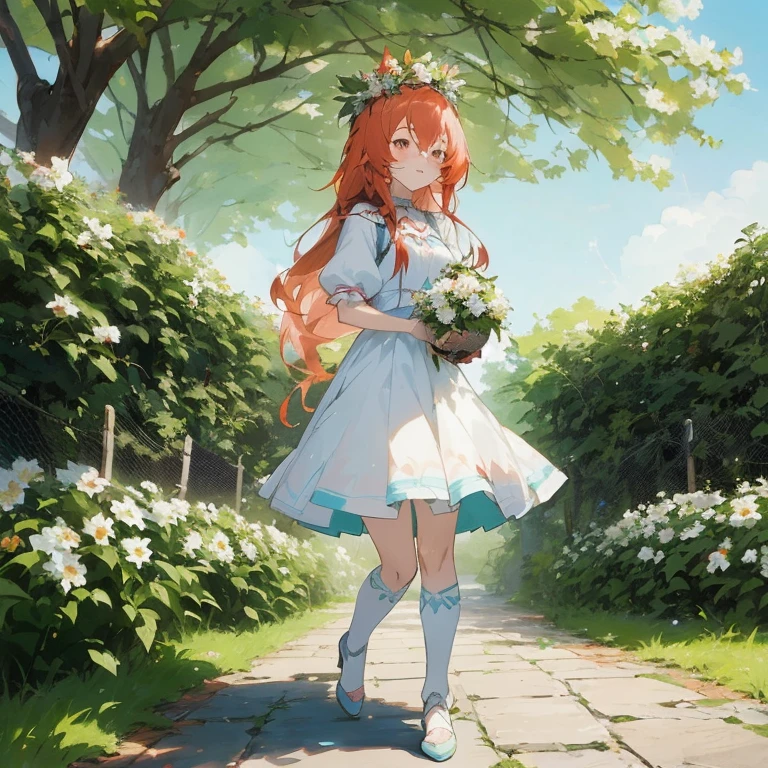 anime girl with long red hair walking down a path in a garden, cute anime waifu in a nice dress, cushart krenz key art feminine, guweiz on pixiv artstation, guweiz, guweiz on artstation pixiv, in dress, she is the center of the garden, artwork in the style of guweiz