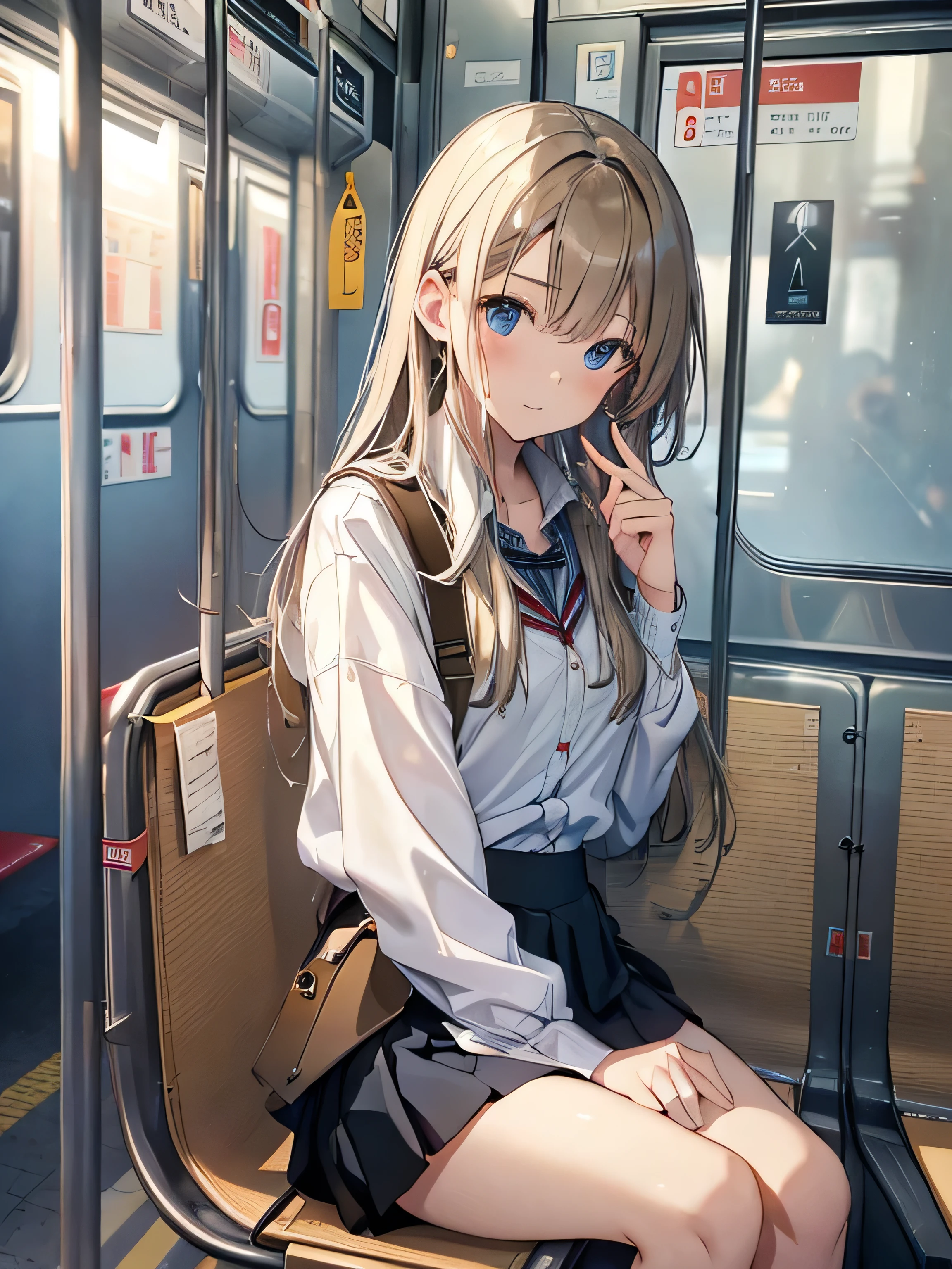 (Official Art、highest quality、unity 8k wallpaper、32k、masterpiece、Very detailed、超High resolution、Realistic、Photorealistic:1.2)、(Cinema Lighting:1.2)、Fire glow effect、Film Grain、Best Shadow、Rim Light、Side light、(Highly detailed and complex 3D rendering)、Background like Makoto Shinkai、Beautiful face and eyes in every detail、(Beautiful and sharp pupils, High resolution、highest quality, 超High resolution, Maximum resolution, Very detailed, Professional Lighting, Beautiful Skin, 28-year-old female、very pretty、、high school girl、smartphone、school bag、(((mini skirt、in the train、Sit on a chair、Crossing your legs、Spread your legs a little and show me your panties:1.6)))、computer、Light Hair Color、neat bangs、bangs、dull bangs、((Squint your eyes、Smile、smile、Contempt、Provocative attitude))、Crowded train、Someone is sitting next to the girl、Angle from below、(((Ultra low angle、Face to face、front)))、(((Precision anatomy、Accurate and precise limb counts、Finger counting is accurate and precise)))