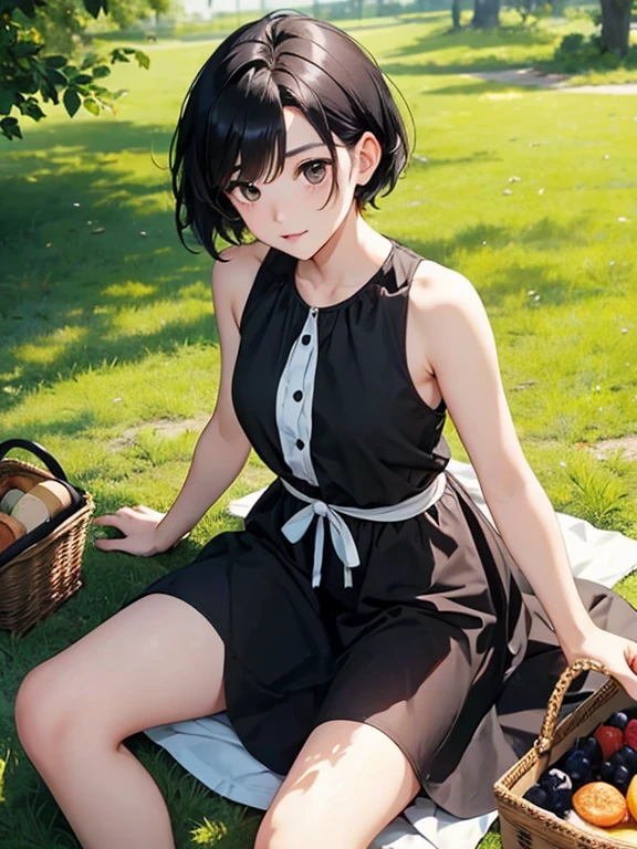 1 female, cute, Short black hair、beautiful, sunny day、picnic、She is wearing a breezy sleeveless dress..。I'It'、rainy season、hydrangea