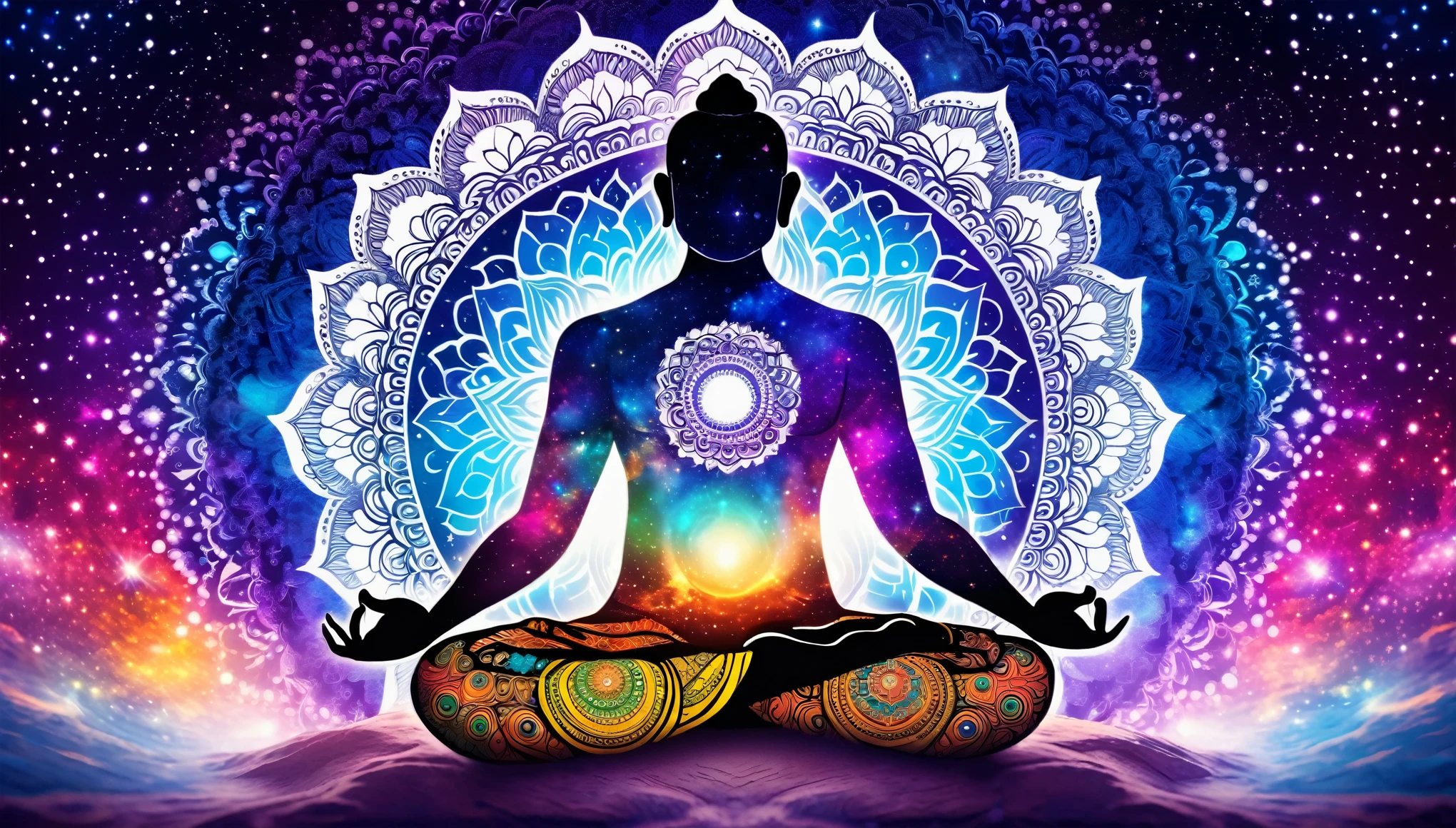 a man meditating with his legs crossed, his hands are in cosmic buddha mudra, he meditates on the vast universe with mandalas, vibrant celestial colors, very spiritual