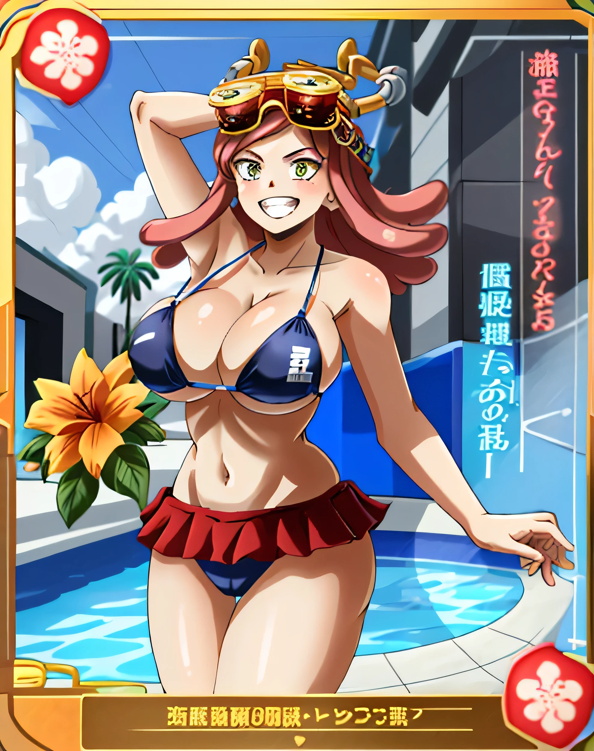 ((最high quality)), ((Very detailedな)), masterpiece, Detailed face, Beautiful Face, (Fine grain, Deep Eyes), (One girl), Cowboy Shot, hatsume mei(mother), Pink Hair, Yellow Eyes, Symbol-shaped pupil, Crosshair pupil, Grin, (Muscular woman), Large Breasts, my_Hero_Academics_ {1/woman} Look at her, Great environment, Very detailed, high quality, summer, Bright sun, a lot of people, Pool, bikini, Swimsuit with pink ruffles, Jump. Have a float