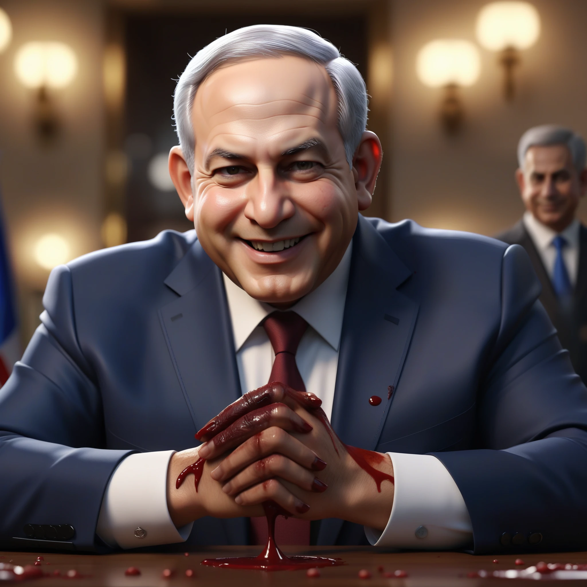 (masterpiece:1.2) (photorealistic:1.2) (bokeh) (best quality) (detailed skin) (intricate details) (8k) (high poly) (ray tracing) (cinematic lighting) (sharp focus),( full body:1.2),  (half body:1.2) The truth of clean smiling Benjamin Netanyahu (trying to wipe blood from his hands:1.4), (malevolence:1.2) 