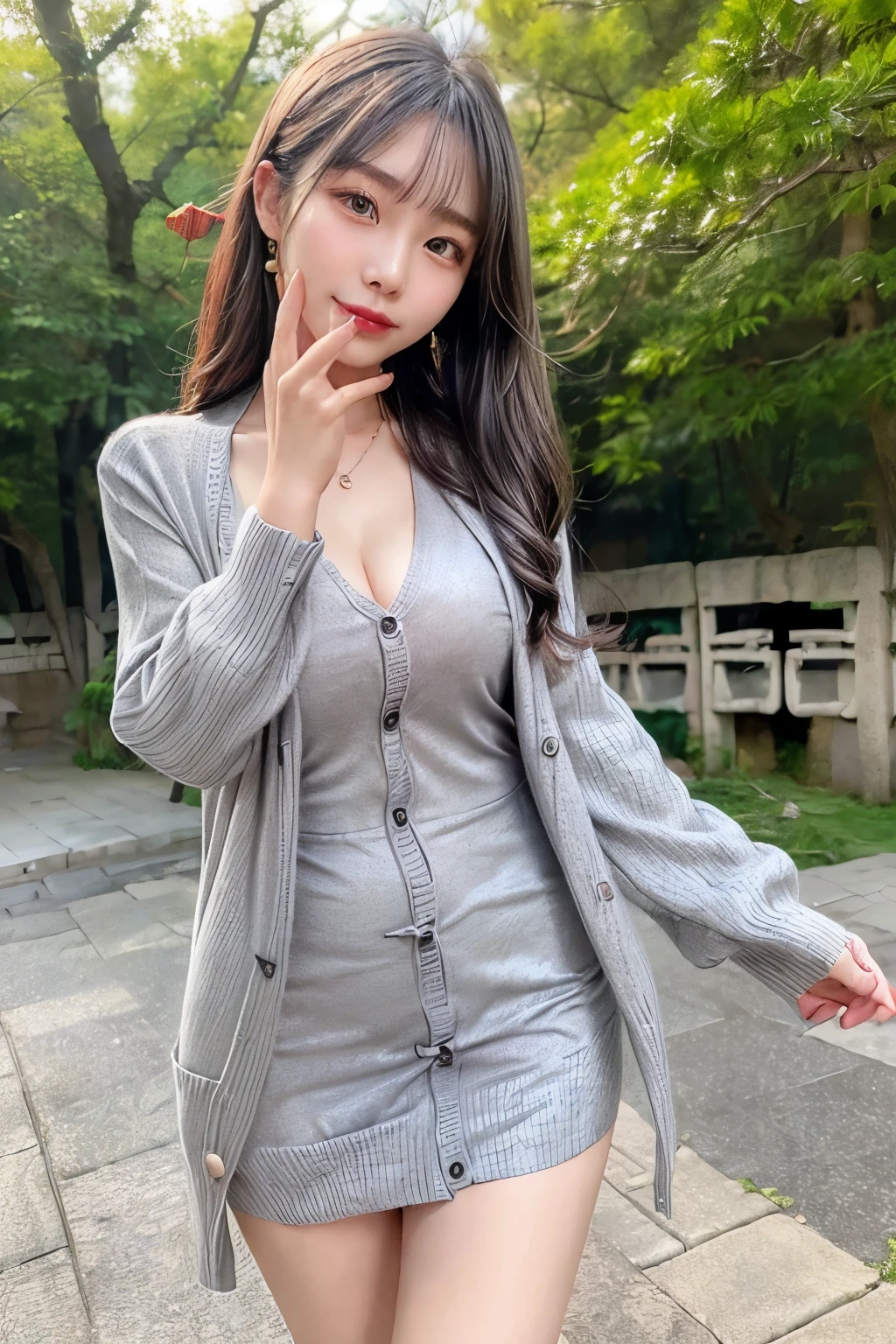 ((Chinese Beauty:1.5)),
Wearing a grey long-sleeved dress and cardigan:1.2,
Take a walk in the park:1.3,
Let your hands hang naturally at your sides:1.0,
Hair on shoulders:1.1,
Very beautiful face:1.4,
Big eyes:1.2,
Plump lips and slightly open mouth:1.1,
Happy expression:1.5,
Wearing a green pendant necklace around the neck:1.0

((((Chinese Beauty:1.5, Grey long-sleeve dress:1.2, Cardigan:1.