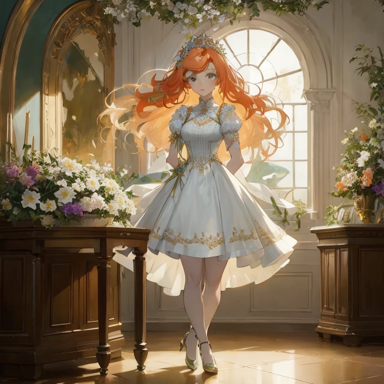 Woman in dress standing in front of table with flowers, cushart krenz key art feminine, Trending on ArtStation pixiv, guweiz on pixiv artstation, Official Character Art, guweiz on artstation pixiv, royal elegant pose, high detailed official artwork, Cute anime waifu in a nice dress, Official art, beautiful anime art