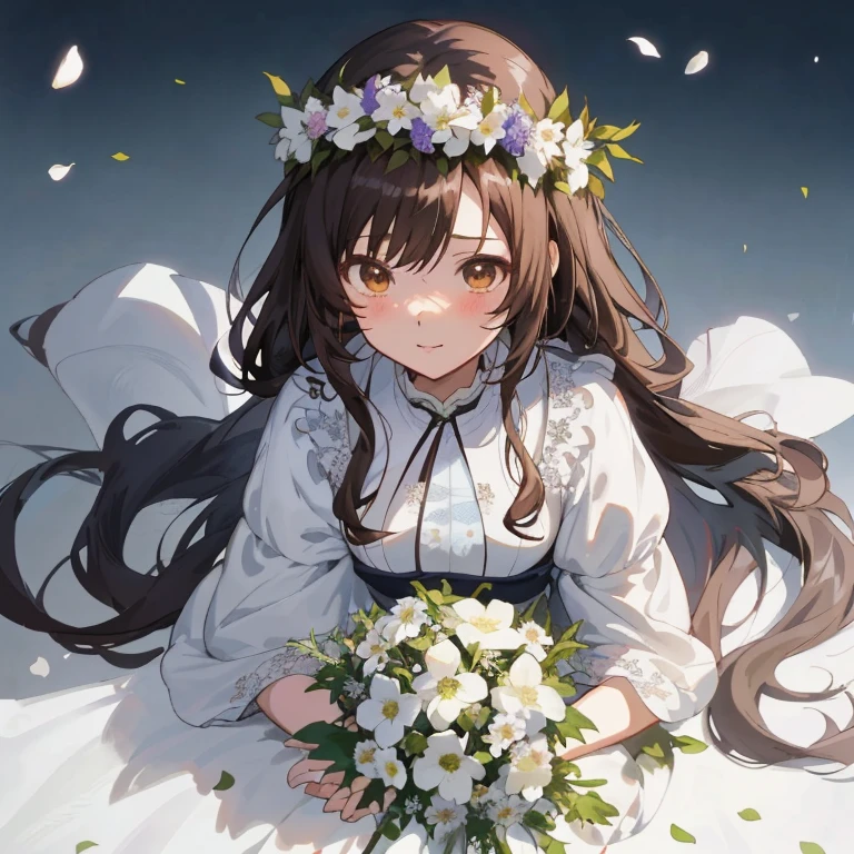 Anime girl with long brown hair and white dress holding bouquet of flowers, guweiz, anime moe art style, guweiz on pixiv artstation, Anime visuals of cute girls, guweiz on artstation pixiv, Beautiful Anime Portrait, Beautiful anime girl, with flowers, Cute anime waifu in a nice dress, iwakura lain, official artwork