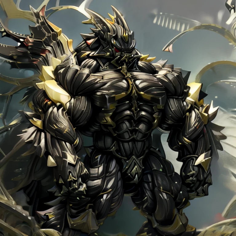 8K, Masterpiece, highres, future fiction. black visor, Detailed head, Detailed Body, full body, Detailed abs, wearing crNanosuit, big muscle (pecs, triceps, traps) unusually developed muscular body, body full of huge muscles. showing off muscles, pectorales enormes. Exaggeratedly huge muscles. Gigachad Muscular, gigantic muscles, Colossal giant NANOSUIT over a battlefield, The cloak is so long that it touches the ground, crossed arms. The claws are sharp, Sharp teeth, have big wings. Spread wings, whole body shines like metal. nj5furry, BLACK COLOR, bulge in the crotch wears a small black string thong that reveals huge muscular thighs. (metallic color: jet black thong)