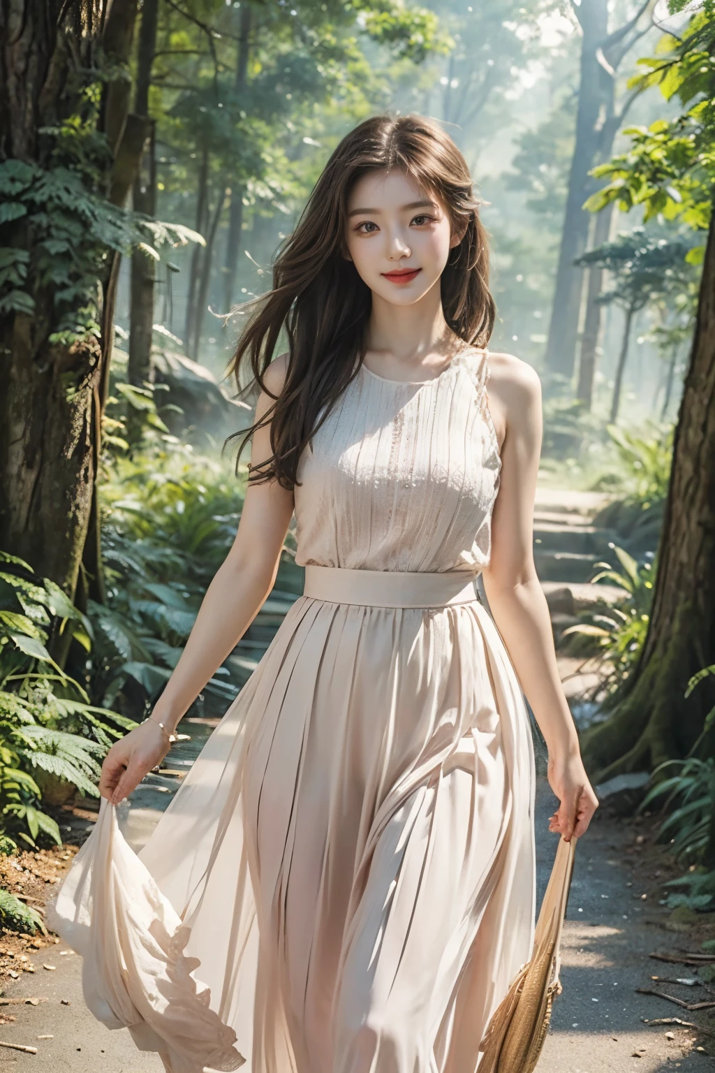 high resolution, (official art, beautiful and aesthetic: 1.2), Close the view, a vast world, girl, running, A refreshing smile, long skirt, Distant horizon, forest, natural beauty, Inspiration, lighting effects