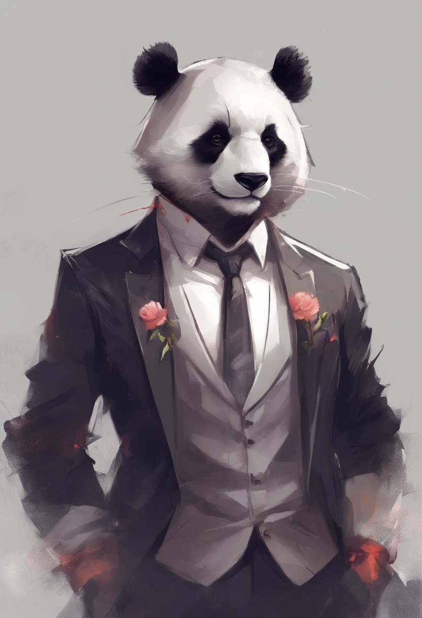 anthropomorphic panda, de cuerpo entero, vestido formalmente con un blazer, sostiene una bandeja, pegatina de tiger, sticker de tiger