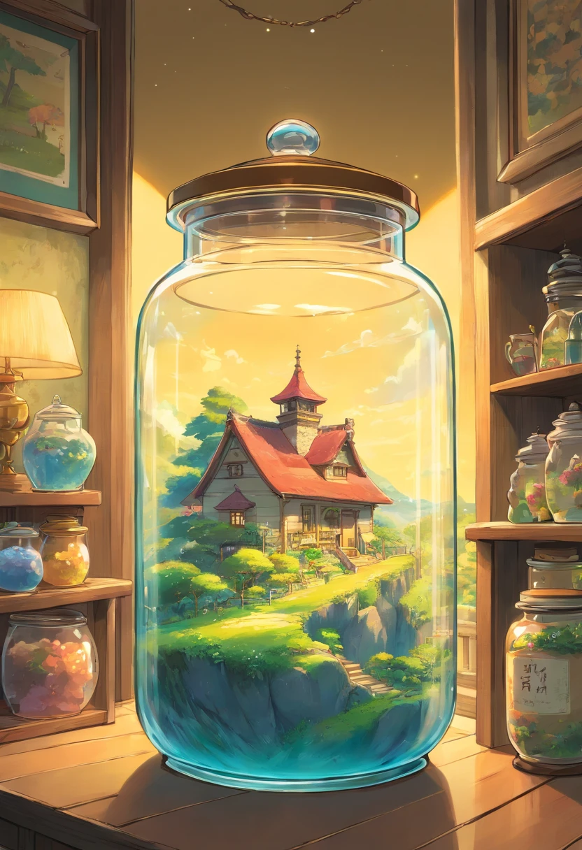 There is a small house in the glass jar