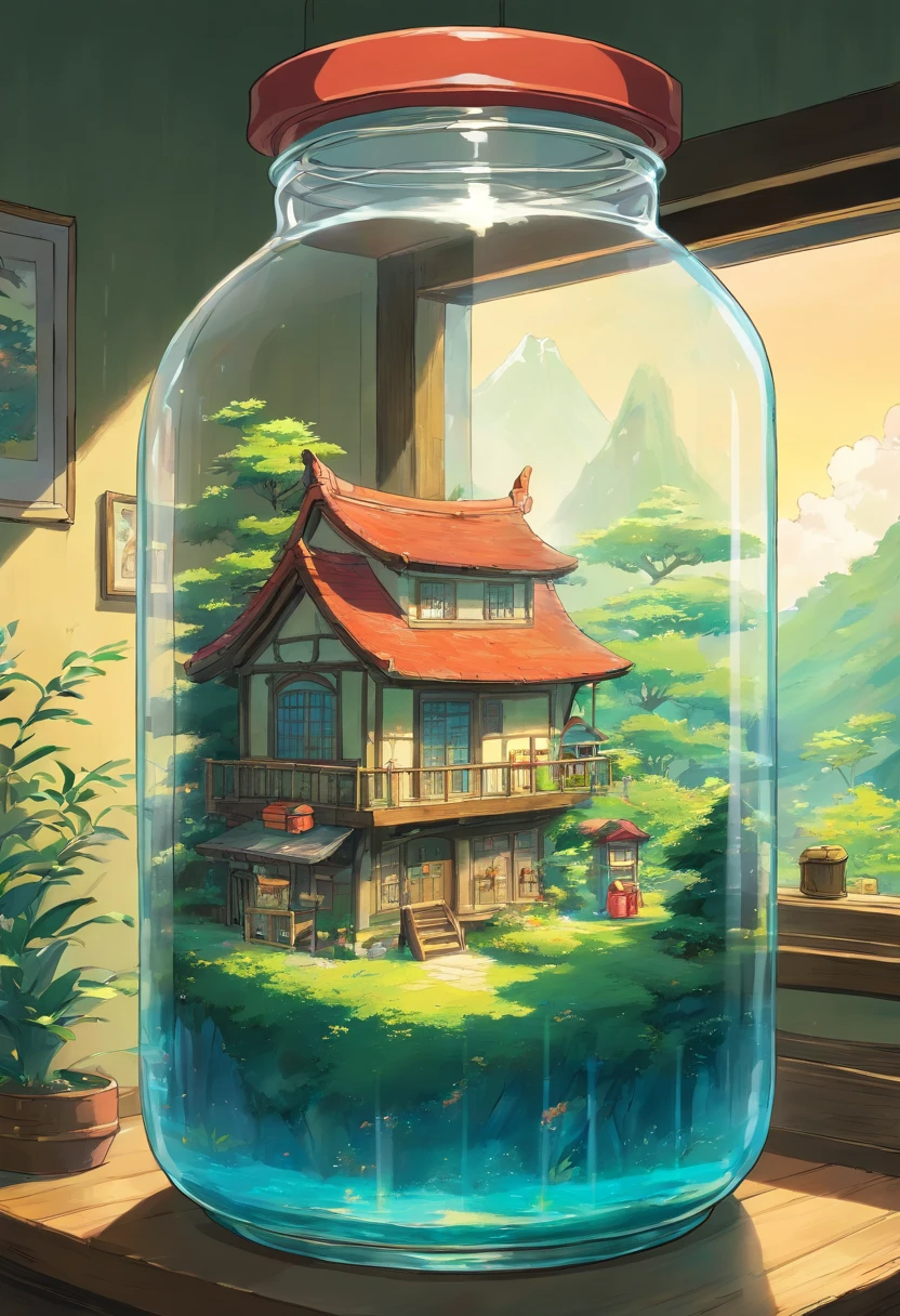 There is a small house in the glass jar
