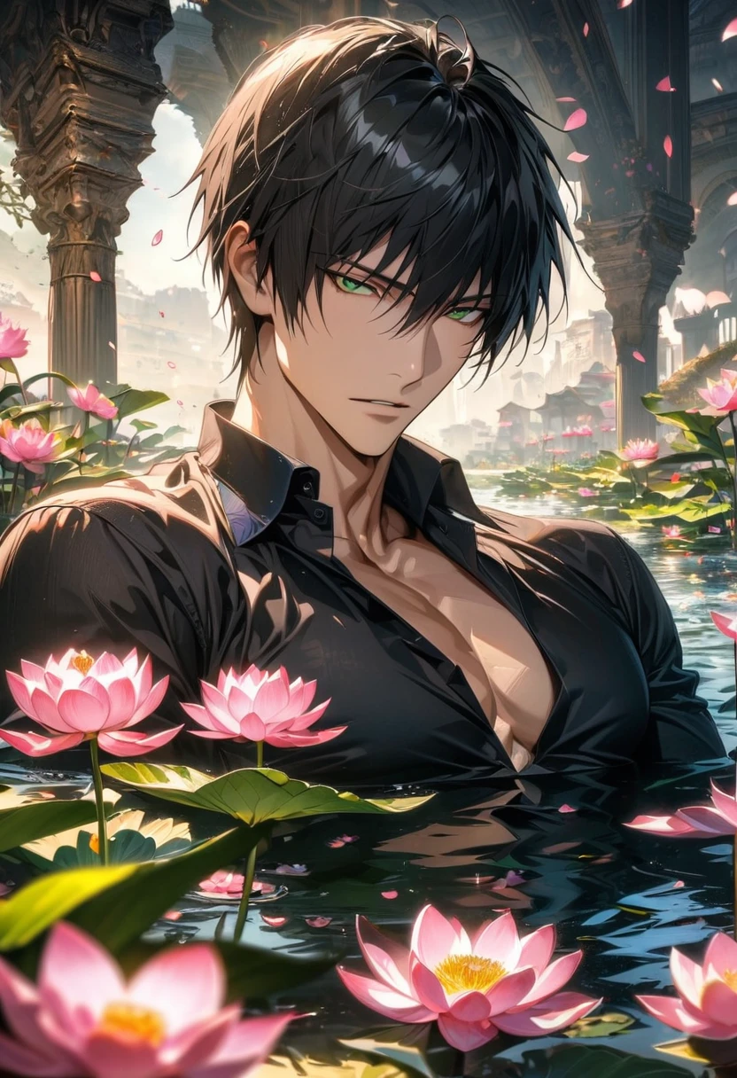 absurdres, highres, ultra detailed, HDR, master piece, detailed picture, extremely detailed face and eyes, Nicholas D. Wolfwood, black straight hair with bangs, expressive green eyes, Trigun, sexy man, handsome, toned chest, black tight shirt, water, pink lotus, petals, spring