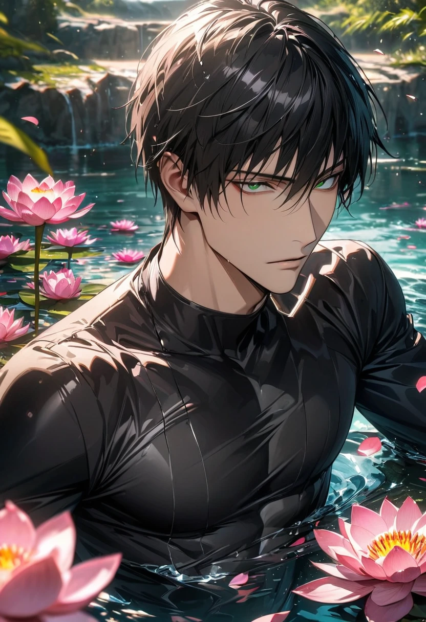 absurdres, highres, ultra detailed, HDR, master piece, detailed picture, extremely detailed face and eyes, Nicholas D. Wolfwood, black straight hair with bangs, expressive green eyes, Trigun, sexy man, handsome, toned chest, black tight shirt, water, pink lotus, petals, spring