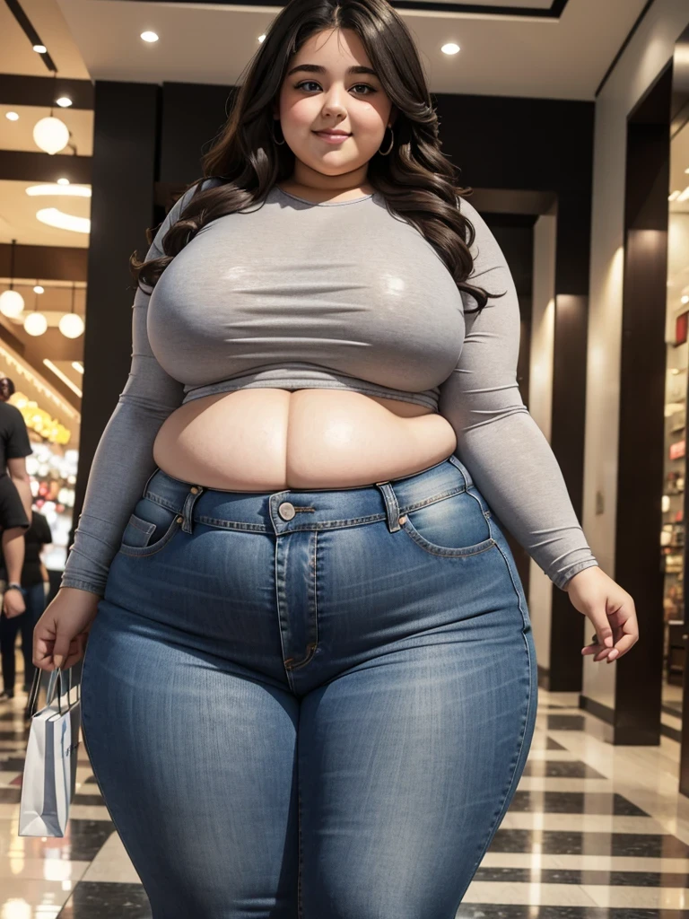 A really fat adorable cute obese young 17 year old fat girl which is 5 feet and 1 inch tall, with very kind feminine beautiful face, long curly beautiful hair, blue eyes, one whole huge bloated soft obese belly, very wide hips and obese wide thighs, huge fat booty, fat arms, huge , big breasts, smiling in a small tight jean skirt that doesnt cover her belly at all and also is wearing a gray crop top. Walking in a fancy mall while holding some bags