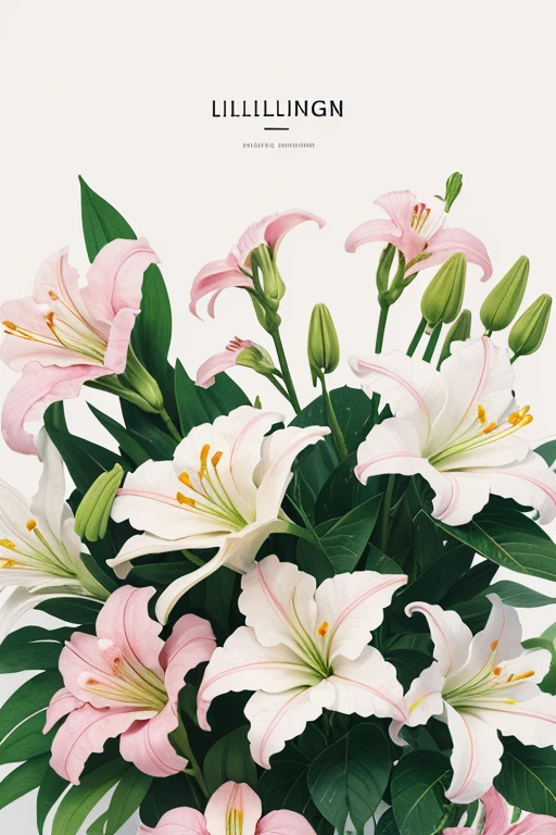 Flat Design illustration, delicate pink and white lillium flowers with vegetation,flat design, watercolor style, soft color palette, natural lights,masterful craft, intrincated,4k, sharp focus