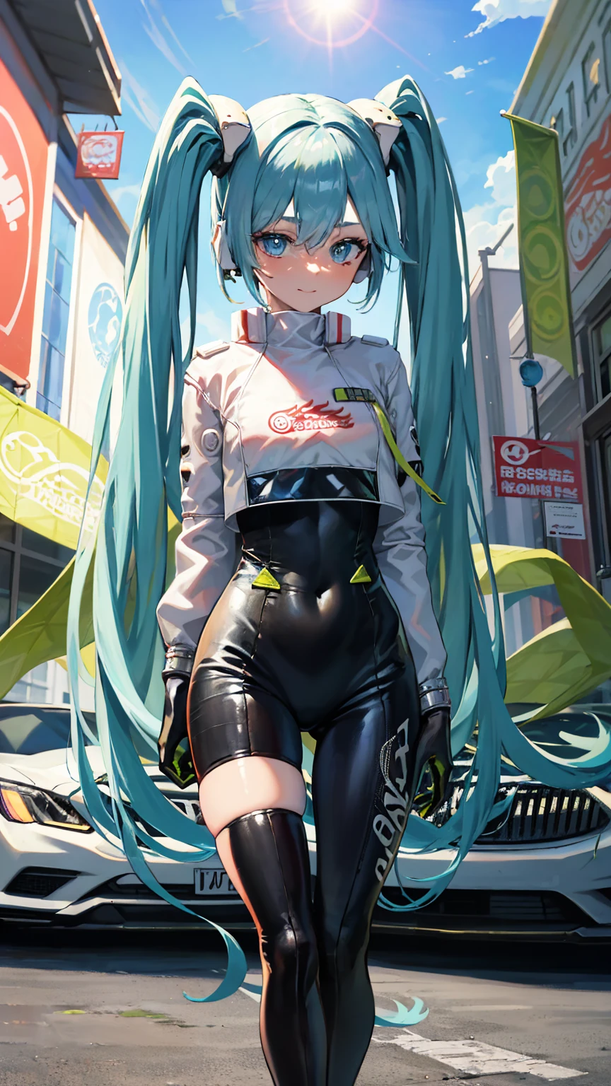 Back view, (masterpiece, highest quality), Backlight, Lens flare, Wide Shot, Fisheye Lens , (Face Focus, Depth of written boundary, close: 1.5), Super Detail, figure, colorful, (Fault Color: 1.3), (Immidshot: 1.3), video, Wide-angle, Upper Body, (((One girl))), (Are standing, Stand in front of the car:2), (1 set), NSX, miku hatsune, Spotless, Dark green hair, Twin tails, Very long hair, Put your arms behind your back, blue eyes, Glowing Eyes, Relaxed face, Eyebrow hair, Shiny Hair, Glowing Skin, A light smile, racing Miku, Big Breasts, Black bodysuit, Cropped jacket, White jacket, Long sleeve, Two-tone gloves, Thigh-high boots, bright, Beautiful detailed sky, city, street,
