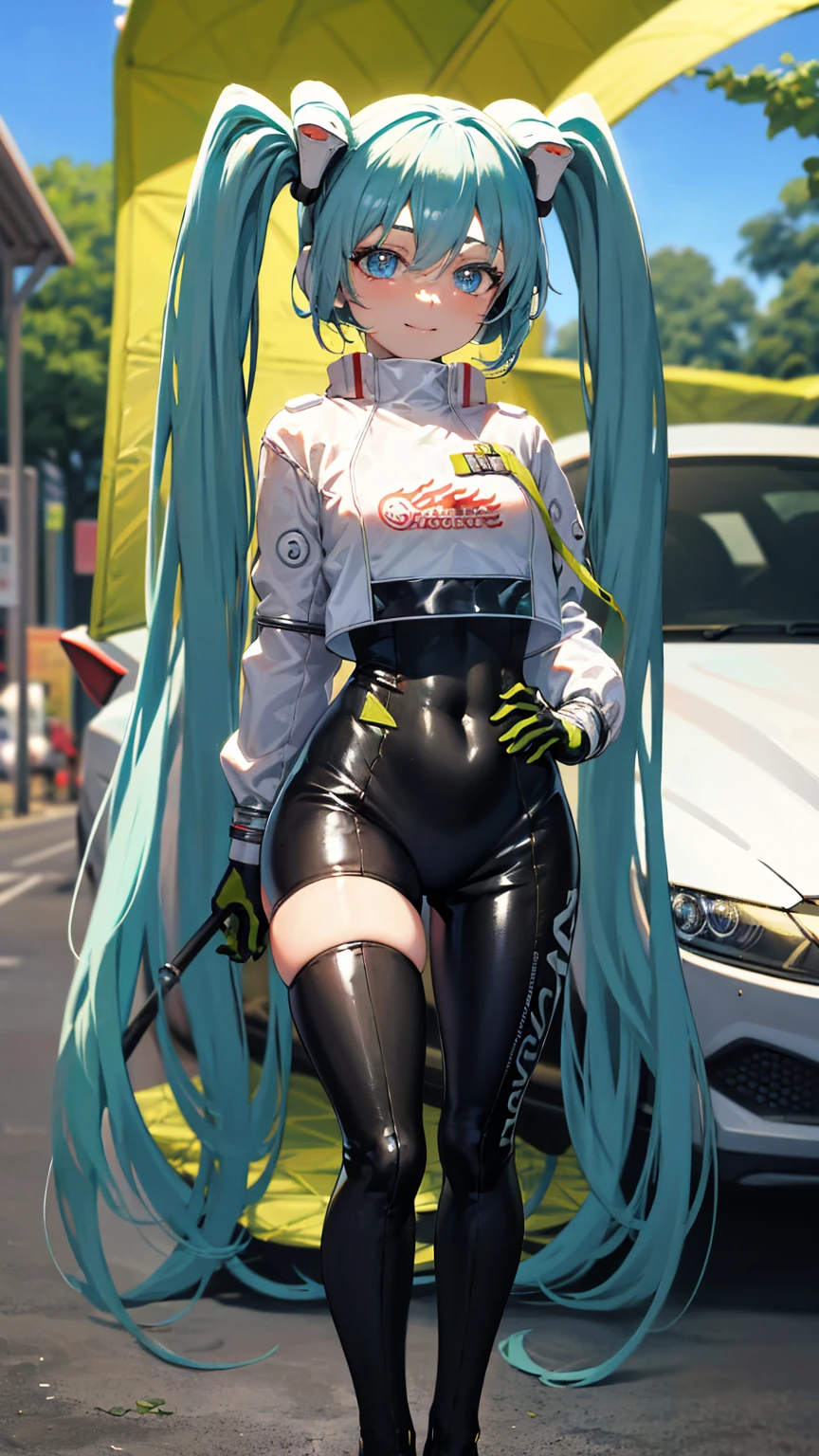 Back view, (masterpiece, highest quality), Backlight, Lens flare, Wide Shot, Fisheye Lens , (Face Focus, Depth of written boundary, close: 1.5), Super Detail, figure, colorful, (Fault Color: 1.3), (Immidshot: 1.3), video, Wide-angle, Upper Body, (((One girl))), (Are standing, Stand in front of the car:2), (1 set), NSX, miku hatsune, Spotless, Dark green hair, Twin tails, Very long hair, Put your arms behind your back, blue eyes, Glowing Eyes, Relaxed face, Eyebrow hair, Shiny Hair, Glowing Skin, A light smile, racing Miku, Big Breasts, Black bodysuit, Cropped jacket, White jacket, Long sleeve, Two-tone gloves, Thigh-high boots, bright, Beautiful detailed sky, city, street,