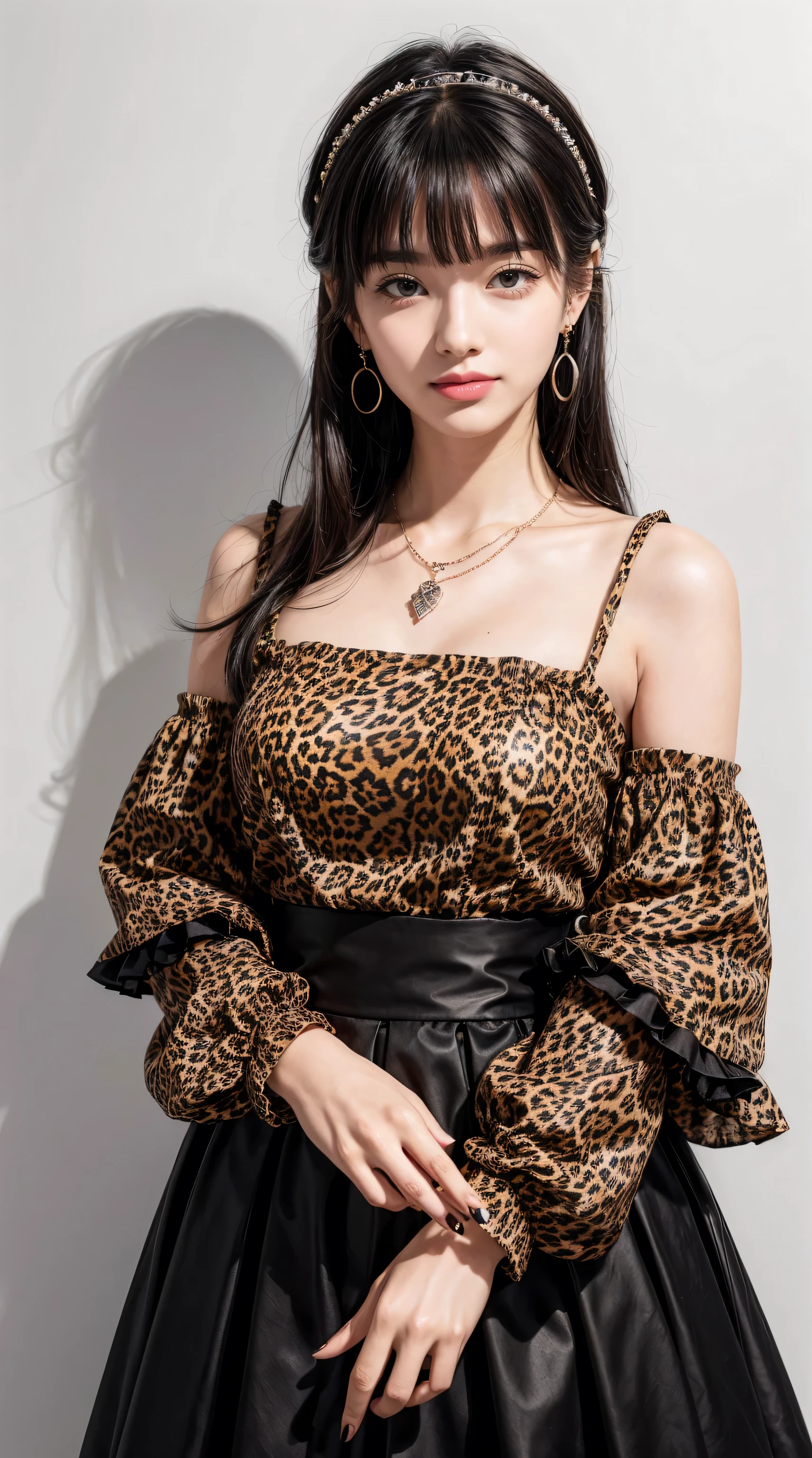 Pure Fuyuko, 1 Girl, Solitary, Black Hair, have, jewelry, Long hair, Looking at the audience, Bangs, earrings, skirt, White background, Smile, shirt, Simple background, Heart earrings, Long sleeve, Heart, Black tiara, black shirt, frilled Necklace, breast, Brown eyes, Necklace, blunt Bangs, Upper Body, Berets, medium breast, brown skirt, decorate, Nail polish, ribbon, Red nails, Shut up, Animal print, blush, Ruffled sleeves, Leopard, neck ribbon, own hands