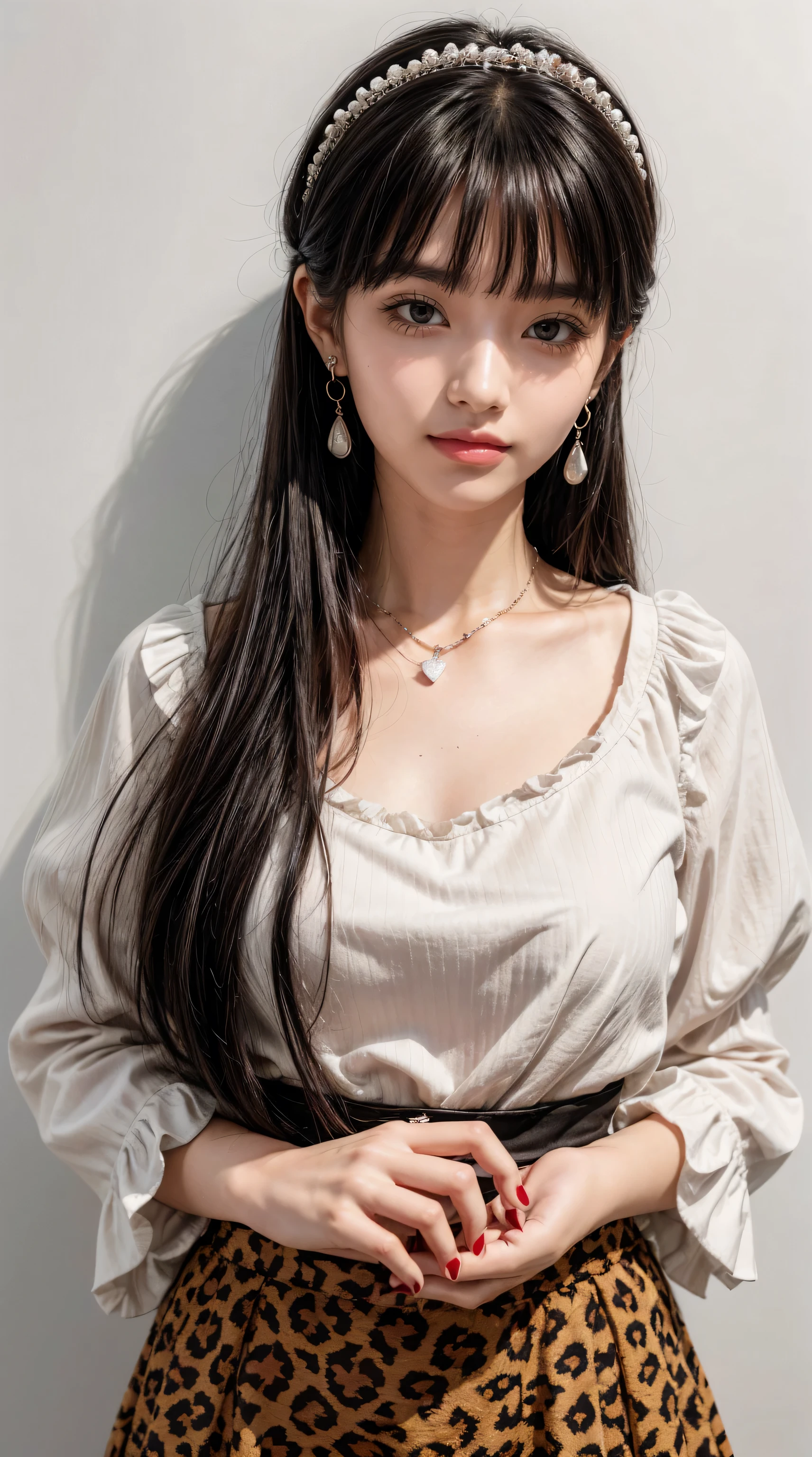 Pure Fuyuko, 1 Girl, Solitary, Black Hair, have, jewelry, Long hair, Looking at the audience, Bangs, earrings, skirt, White background, Smile, shirt, Simple background, Heart earrings, Long sleeve, Heart, Black tiara, black shirt, frilled Necklace, breast, Brown eyes, Necklace, blunt Bangs, Upper Body, Berets, medium breast, brown skirt, decorate, Nail polish, ribbon, Red nails, Shut up, Animal print, blush, Ruffled sleeves, Leopard, neck ribbon, own hands