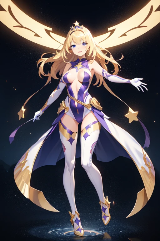 1 girl, full body, 19 years old, white skin, smiling face, blushing, blonde hair, straight hair, long hair, bangs, full body, mask, purple mask, hands with stars, blue bracelets, purple gloves, costume superhero, superheroes, full body suit, purple, with a large yellow star in the center, star emblem, something tight, star-shaped tiara, blue eyes, medium breasts, slim body, arms outstretched, arms behind the waist, flying, clear background, city, anime