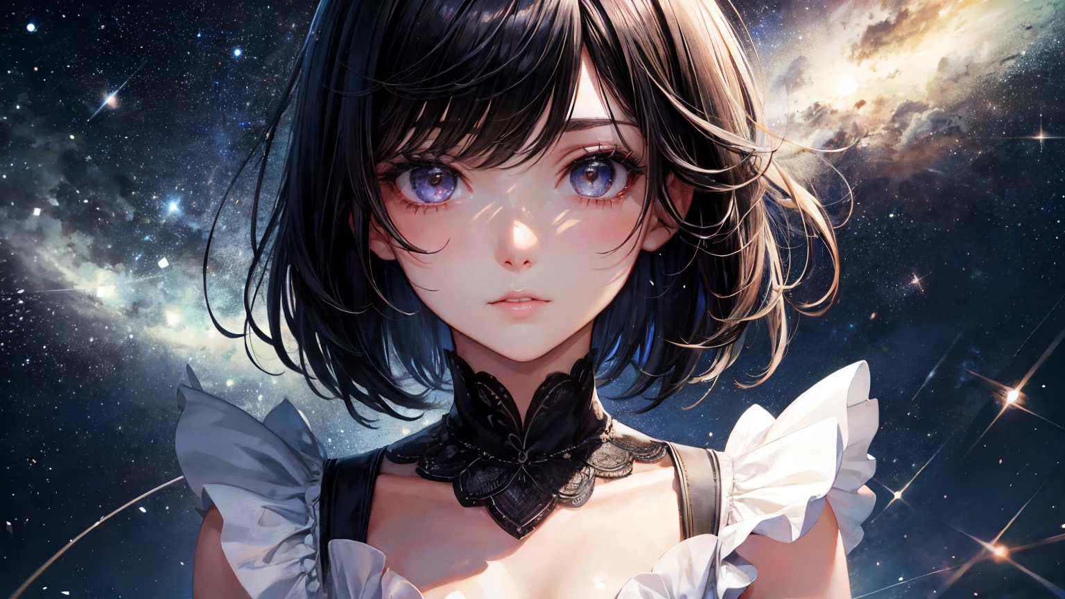 woman　1 person　High school girls　Black Hair　Short Hair　High quality, high definition and detailed facial expressions　High quality, high definition and delicate hair　High quality, high resolution and delicate eyes　Night Sky　Starlight