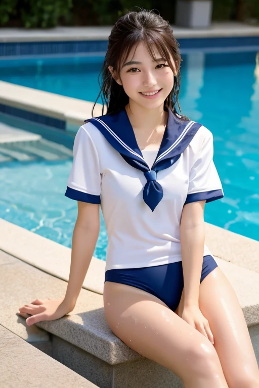 (8K), (highest quality: 1.2), (Realistic), (Realistic: 1.37), Ultra-high resolution,1 Japanese female,Night Pool,Sit by the pool,A radiant smile,Clear unevenness,Slender,whole body,Wet white short-sleeved sailor suit,Wet straight hair,Beautiful water splashes,whole body,Separate type swimsuit,See-through swimsuit