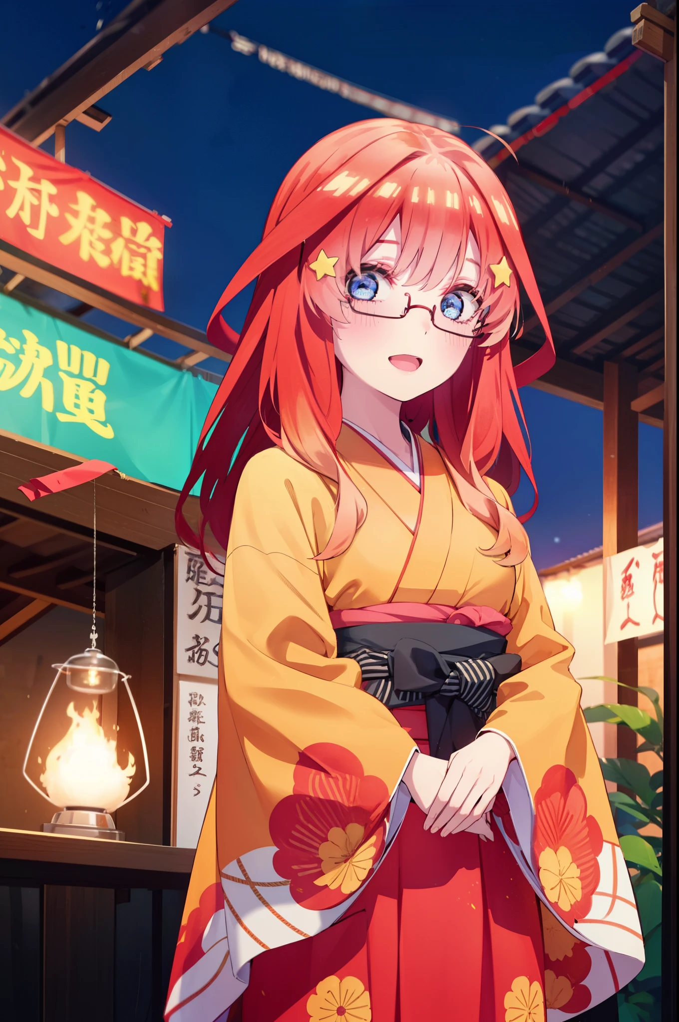 itsukinakano, Itsuki Nakano, bangs, blue eyes, Hair between the eyes, Ahoge, Redhead, star \(symbol\), hair ornaments, star hair ornaments,Akagi Glasses,smile,blush,Happy atmosphere,Open your mouth,Long Hair,Tie your hair back,red kimono,Thick sleeves,Sandals,White tabi,night空の花火,Fireworks display,Japanese Festivals,Summer festival food stalls,Red Lantern,night,イラストにwhole bodyが入るように, night
break outdoors, shrine,                                              break looking at viewer,whole body,
break (masterpiece:1.2), highest quality, High resolution, unity 8k wallpaper, (shape:0.8), (Beautiful and beautiful eyes:1.6), Highly detailed face, Perfect lighting, Highly detailed CG, (Perfect hands, Perfect Anatomy),