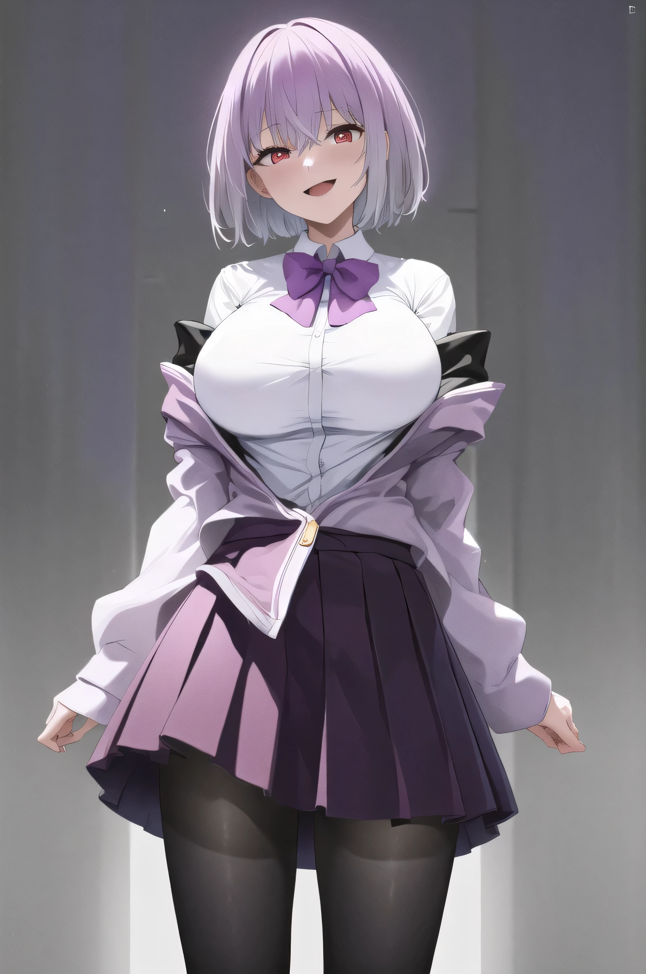 masterpiece, highest quality,best quakity, High resolution, Ah Akane, short hair, Red eyes, Large Breasts, Purple bow tie, Collared shirt, White shirt, Off the shoulder, Purple Jacket, Partially defrosted, Long sleeve, Sleeves are longer than the wrist, Pleated skirt, Black Skirt, pantyhose, Cowboy Shot, Are standing, evil face,evil huge laugh,laugh at,(Best picture quality, 4K, 8K, High resolution, Masterpiece: 1.2), ultra detailed,  Sinister Veil of Shadows,black and dark aura background,