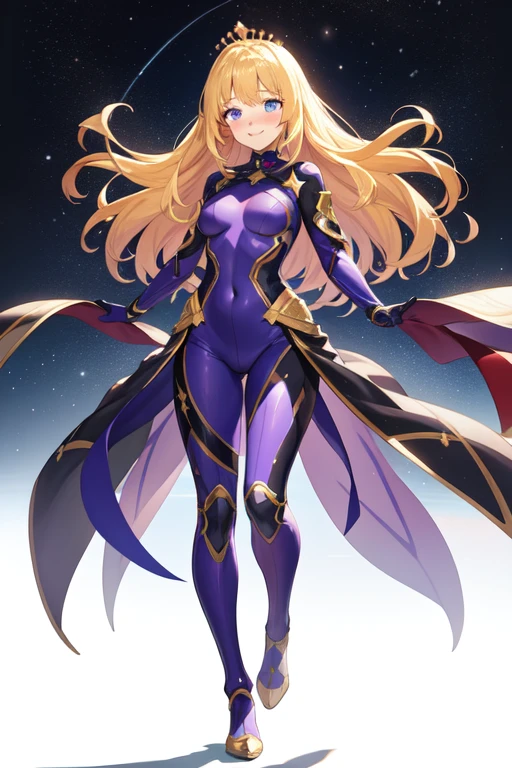 1 girl, full body, 19 years old, white skin, smiling face, blush, blonde hair, straight hair, long hair, bangs, full body, black mask, hands with stars, blue bracelets, purple gloves, superhero costume, superheroes, full body suit, purple, with a large yellow star in the center, star emblem, somewhat tight, star-shaped crown, blue eyes, medium breasts, slim body, arms outstretched, arms behind the waist, flying, clear background, city, anime