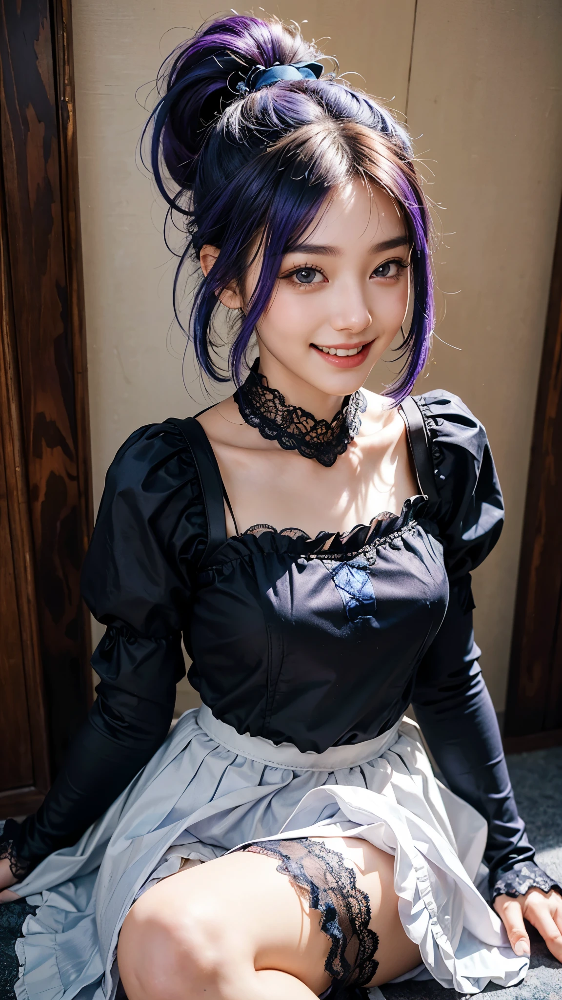 highest quality, masterpiece, Ultra-high resolution, (Realistic:1.4), (Portraiture) RAW Photos, 1 girl,22 years old((Detailed face)),(((座ったPortraiture)),I can see my,((Smiling with teeth showing)),((Big smile)),((Black boots and black lace gloves)),((Black long sleeves with ruffle lace)),(((White blouse under dress))),((Black Long Skirt)),((Ponytail blue-purple hair)),((Cap Chestnut)),((Short bangs)),Realistic,Image Media Chest)),