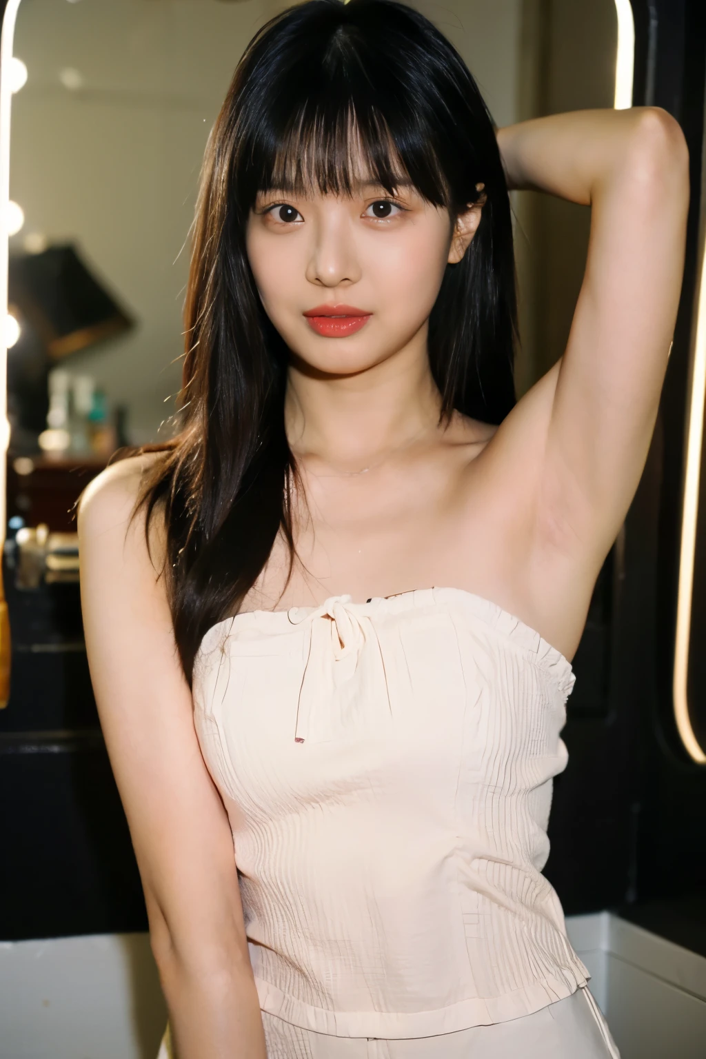 top quality,Ultra-clear resolution, beauty, Hidden Face, (beauty indian girl), beauty:1.3, Lean abdominal muscles: 1.1, ((Brown hair long bangs)). Strapless Mini Dress_sit down. Straighten your arms. straighten both armpits. Elevated. Shows the texture of the armpit. In front of the camera. Armpit details. smooth armpit. Beauty OK. OK. Charming armpits. In front of the make-up mirror), Super thin face, Very detailed lips, Delicateeyes, Double eyelids, Makeup face. Red lipstick