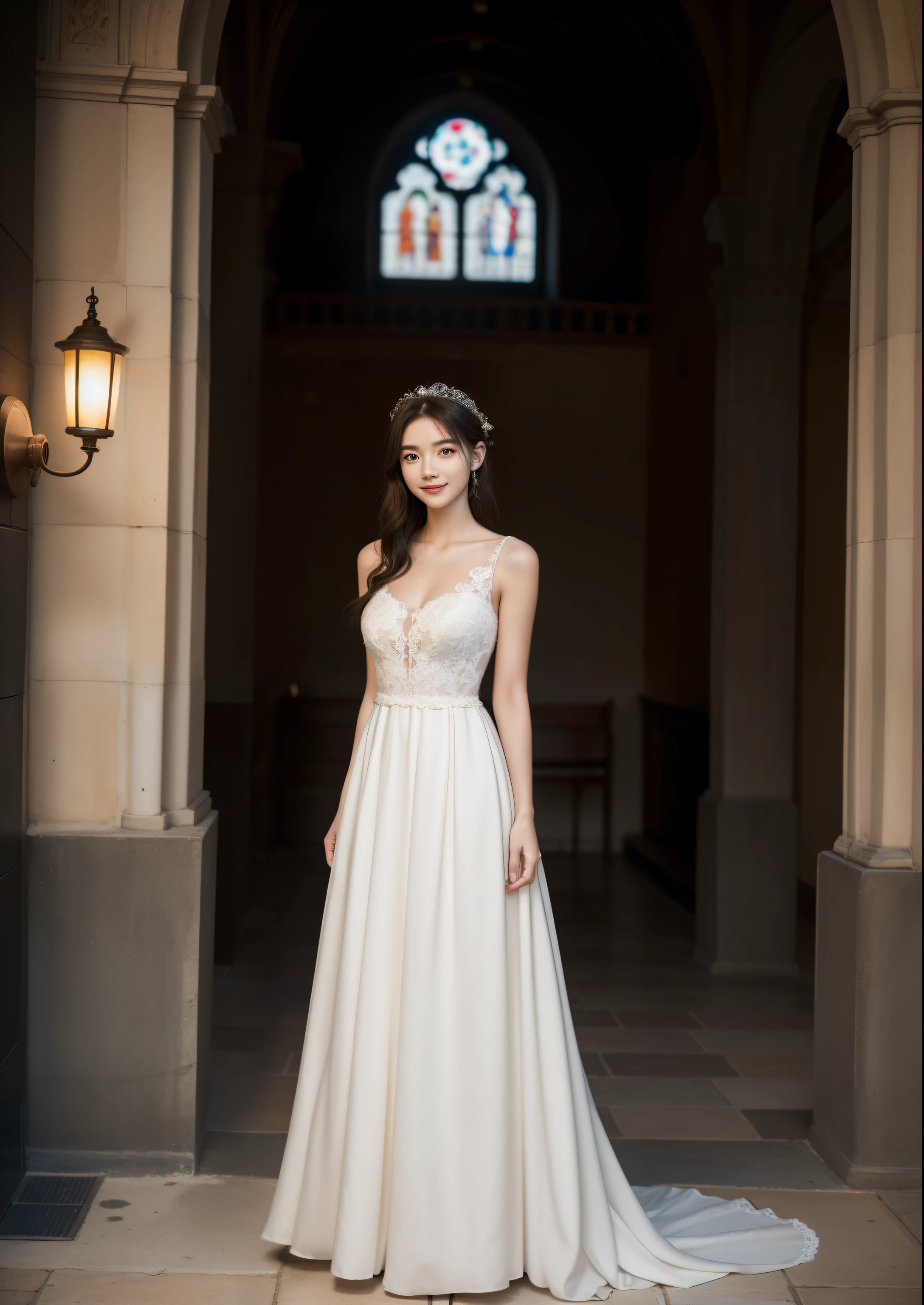 Beautiful 19 year old  woman。She is wearing a summer wedding dress. She is shying and smiling on illuminated by the evening church lights . romantic sunset. her dark brown hair. High resolution、masterpiece、highest quality、頭w:1.0、((Hasselblad Photos))、fine skin、(movie lighting)、clavicle . full body picture.