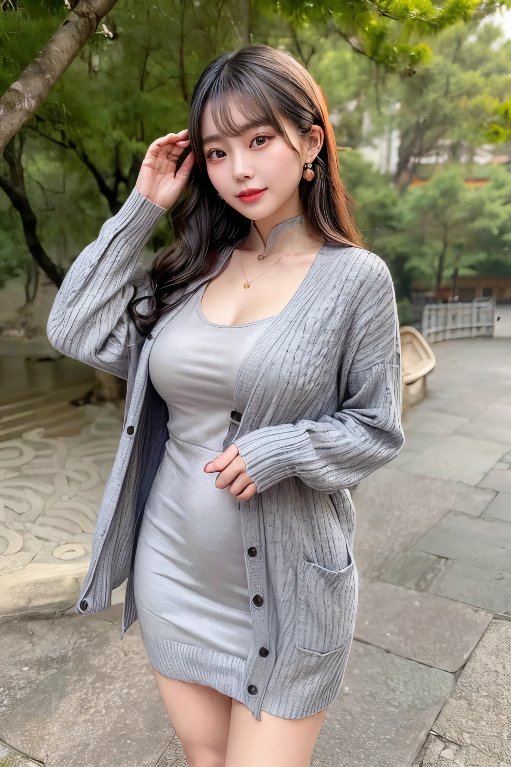 ((Chinese Beauty:1.5)),
Wearing a grey long-sleeved dress and cardigan:1.2,
Take a walk in the park:1.3,
Let your hands hang naturally at your sides:1.0,
Hair on shoulders:1.1,
Very beautiful face:1.4,
Big eyes:1.2,
Plump lips and slightly open mouth:1.1,
Happy expression:1.5,
Wearing a green pendant necklace around the neck:1.0
((((Chinese Beauty:1.5, Grey long-sleeve dress:1.2, Cardigan:1.