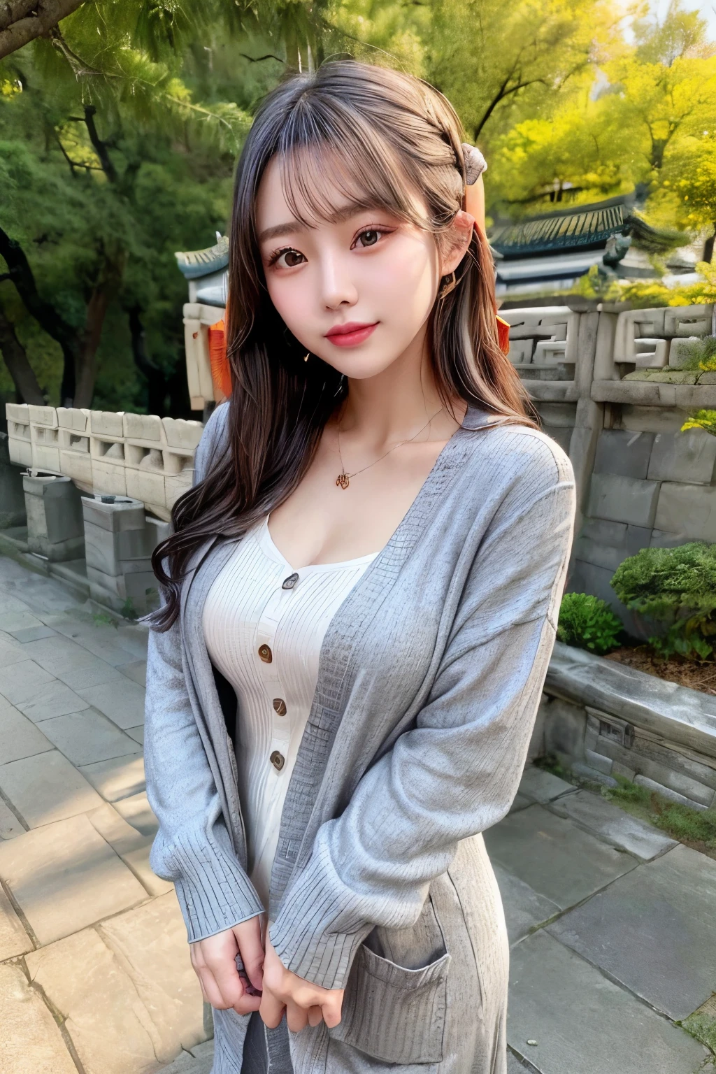 ((Chinese Beauty:1.5)),
Wearing a grey long-sleeved dress and cardigan:1.2,
Take a walk in the park:1.3,
Let your hands hang naturally at your sides:1.0,
Hair on shoulders:1.1,
Very beautiful face:1.4,
Big eyes:1.2,
Plump lips and slightly open mouth:1.1,
Happy expression:1.5,
Wearing a green pendant necklace around the neck:1.0
((((Chinese Beauty:1.5, Grey long-sleeve dress:1.2, Cardigan:1.