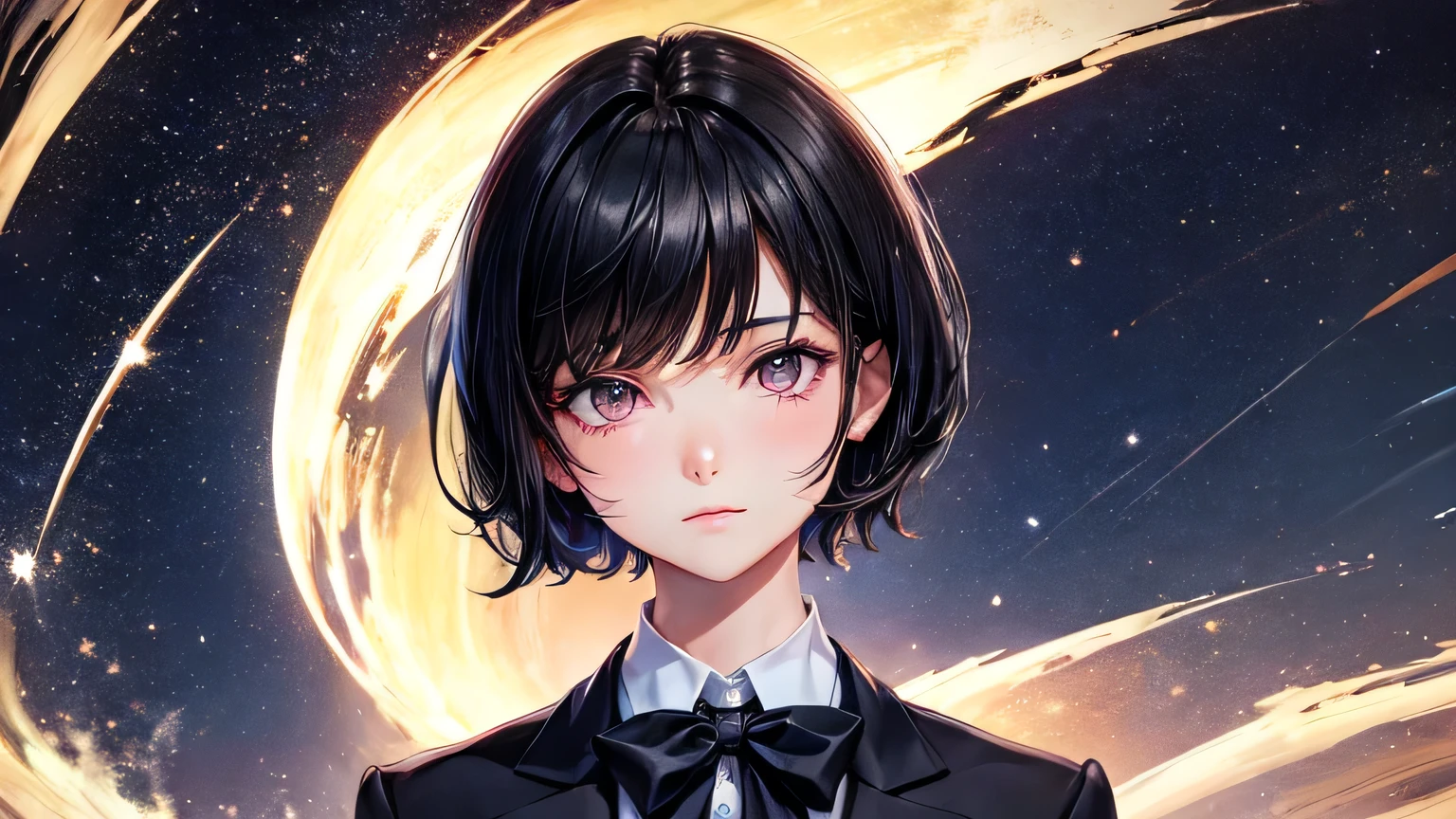 woman　1 person　High school girls　Black Hair　Short Hair　blazer　High quality, high definition and detailed facial expressions　High quality, high definition and delicate hair　High quality, high resolution and delicate eyes　Night Sky　Starlight
