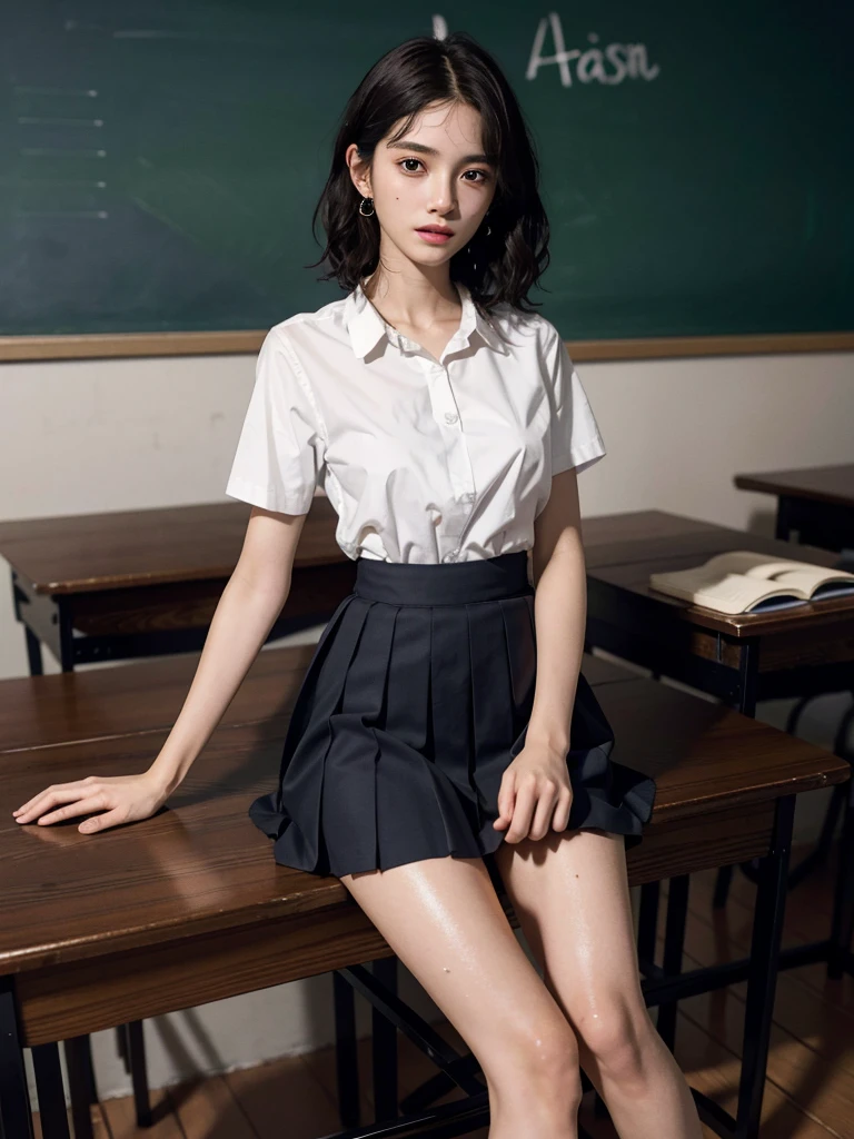 absurdres, RAW photo, extremely delicate and beautiful, masterpiece, Best Quality, ultra high resolution, 32k, hyperrealistic, ultra-detailed, perfect anatomy, anatomically correct, perfect figure, super Detailed skin, 20 years old, very Slim body, narrow waist, very small head, very small face, delicate facial features, detailed face, detailed eyes, tearful mole, earring, thin legs, bare legs, ((very huge round breasts)), short medium hair, ((wavy hair)), wet clothes, ((school uniform)),