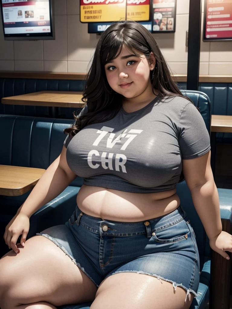 A really fat adorable cute obese young 17 year old fat girl which is 5 feet and 1 inch tall, with very kind feminine beautiful face, long curly beautiful hair, blue eyes, one whole huge bloated soft obese belly, very wide hips and obese wide thights, huge fat booty, fat arms, smiling in a small tight jean skirt and a gray crop top. Sitting in a small chair at a fast food restaurant