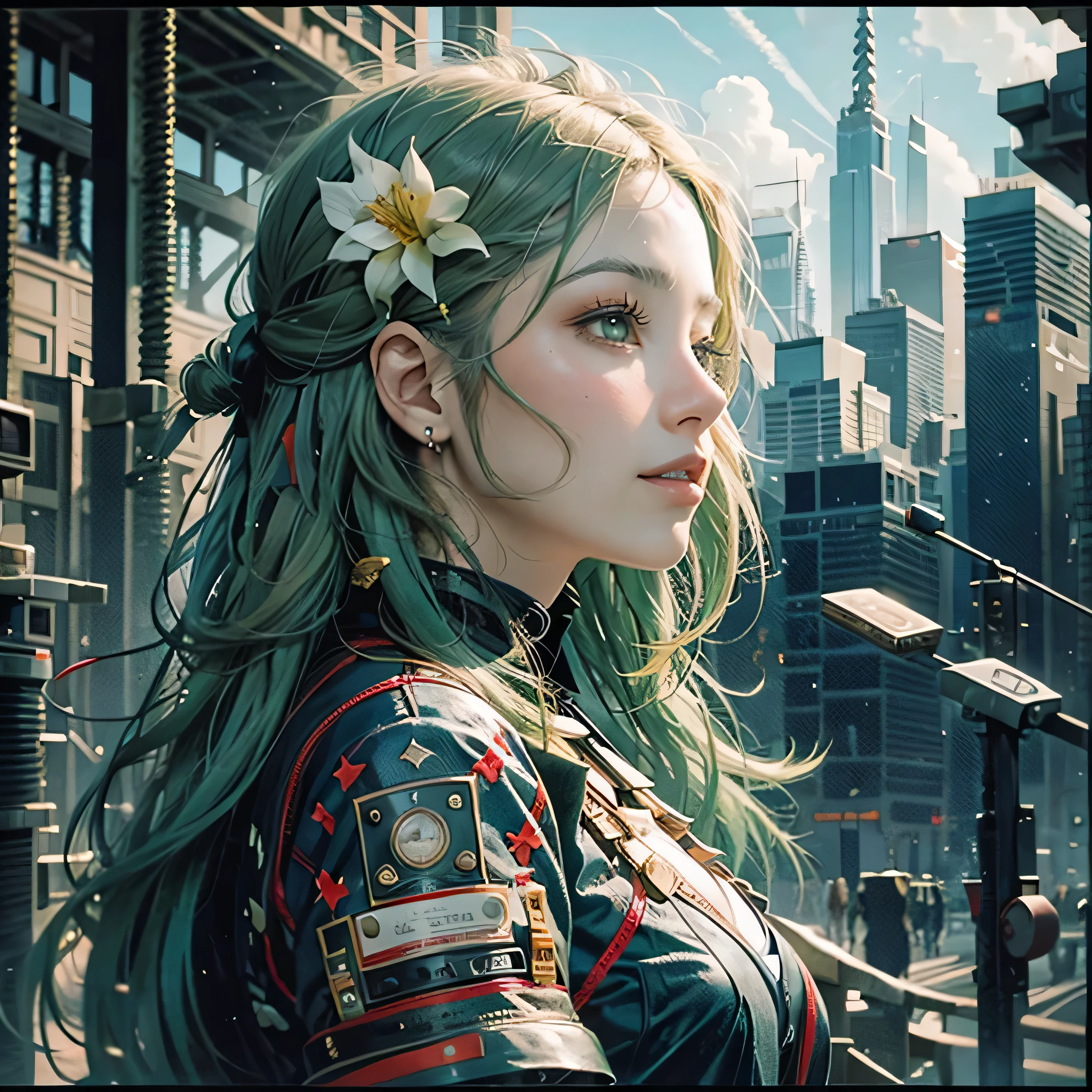highest quality,Absurd,8k resolution,Official Art, Highly detailed CG Unity 8k wallpaper,masterpiece,(Profile picture),woman,Green Hair,in spring,Mona Lisa