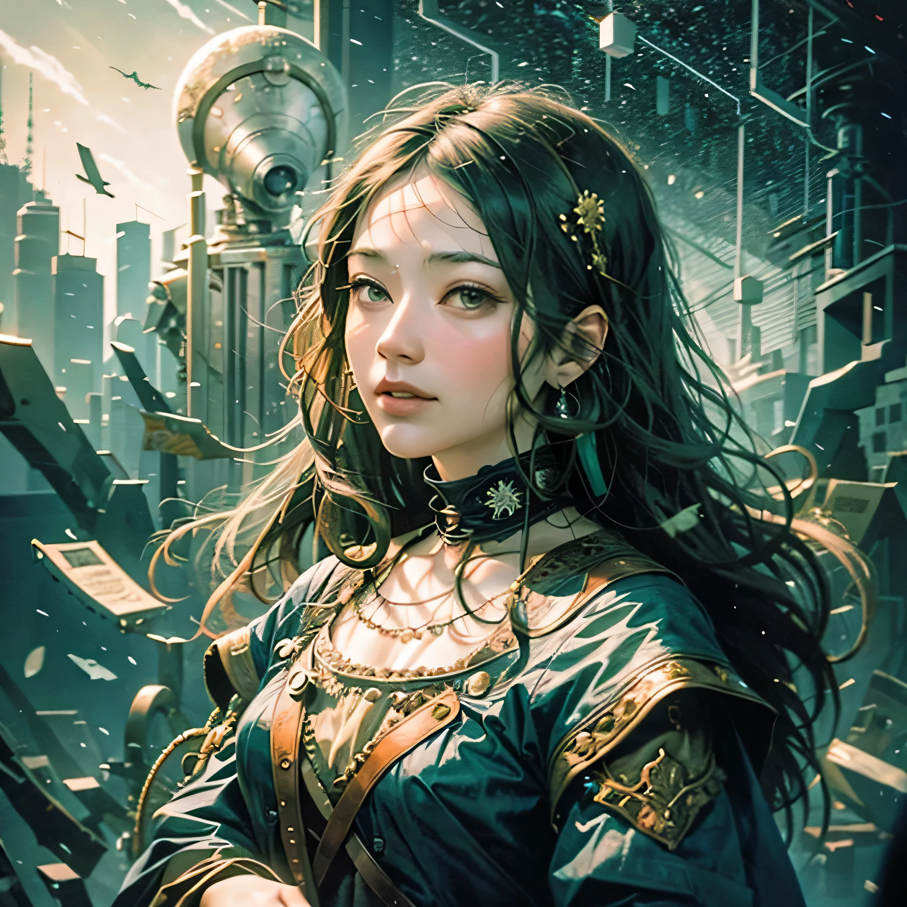 highest quality,Absurd,8k resolution,Official Art, Highly detailed CG Unity 8k wallpaper,masterpiece,(Profile picture),woman,Green Hair,in spring,Mona Lisa