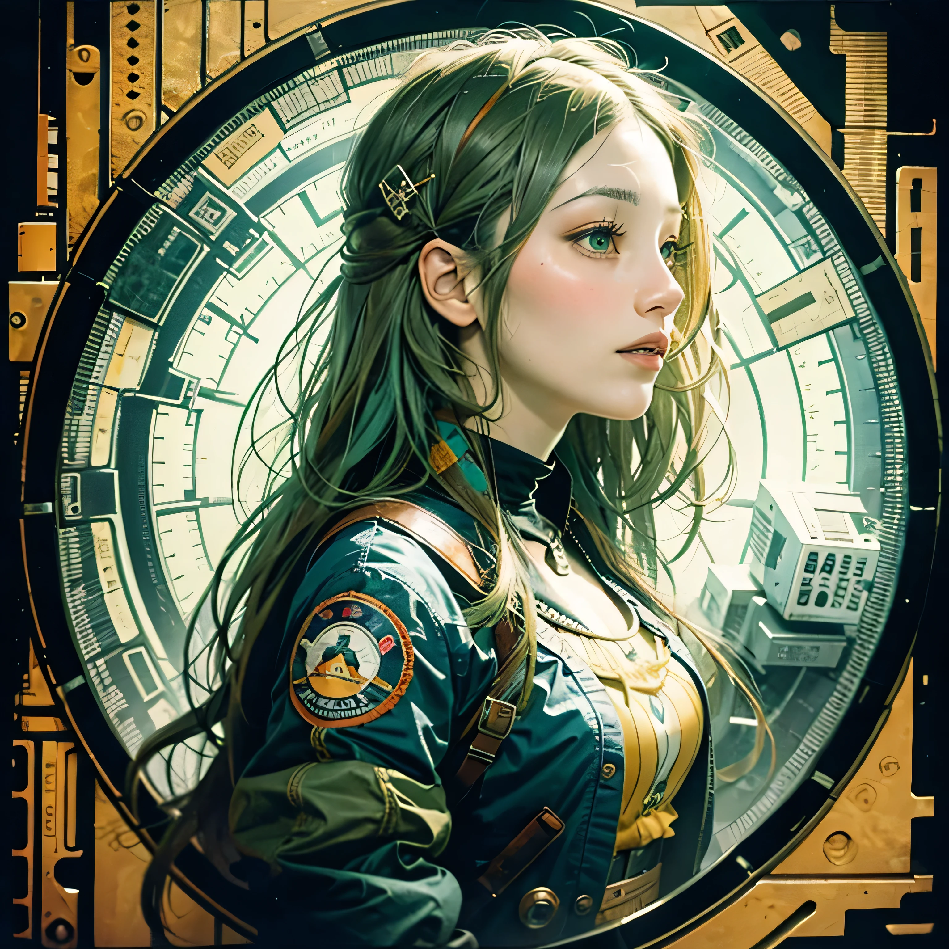 highest quality,Absurd,8k resolution,Official Art, Highly detailed CG Unity 8k wallpaper,masterpiece,(Profile picture),woman,Green Hair,in spring，Mona Lisa  