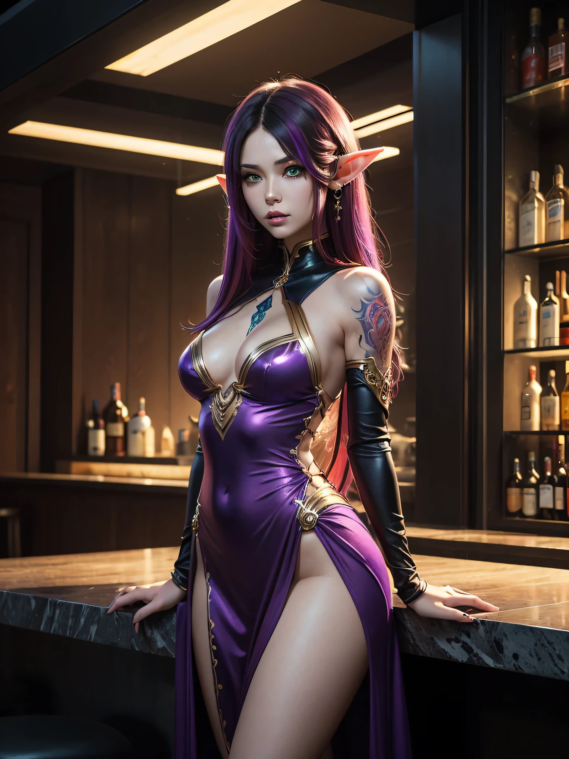 There is futuristic bar, near bar table stand elf female, she have a beautiful face with green eyes long pointy ears with lot of golden earring on them red eye shadows and lips, main colour of her hair is red with purple highlights lines, she dressed in sexy long shamanic dress, her body and arms covered with mislyc tatoo, behind her back there is wind spirit, (ultra high quality sifi fantasy art. cyberpunk fantasy style, masterpiece, ultra highquality character design, 8k quality anime art, top quality wallpaper illustration, detailed ultra high quality acurate face, highquality design and acurate physic )