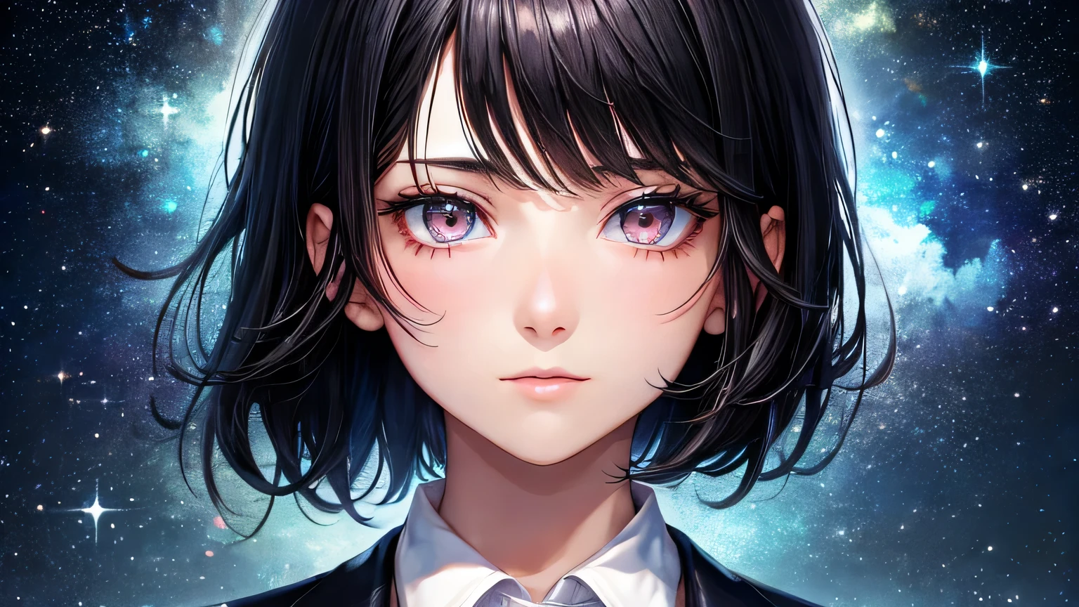 woman 1 person High school girls Black Hair Short Hair blazer High quality, high definition and detailed facial expressions High quality, high definition and delicate hair High quality, high resolution and delicate eyes Night Sky Starry Sky