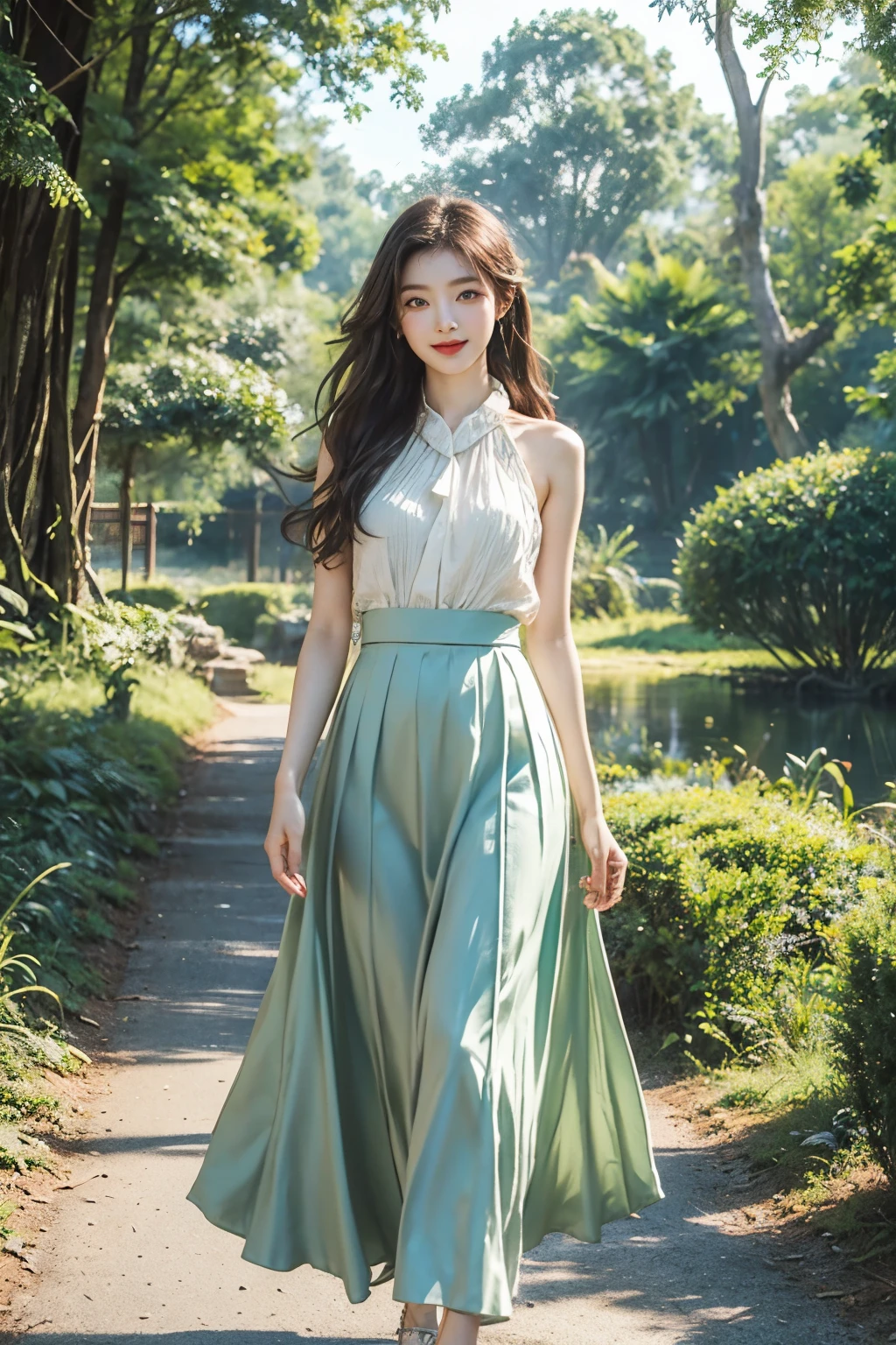 high resolution, (official art, beautiful and aesthetic: 1.2), Close the view, a vast world, girl, running, A refreshing smile, green long skirt, Distant horizon, forest, natural beauty, Inspiration, lighting effects, 