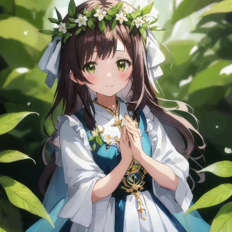 Anime girl in blue dress with a crown of flowers on her head, Cute anime waifu in a nice dress, a maid in a magical forest, Beautiful anime girl, anime moe art style, Anime visuals of cute girls, Beautiful maiden, Cute anime girl, pretty anime girl, young anime girl, kawacy, Dressed in laurel wreaths