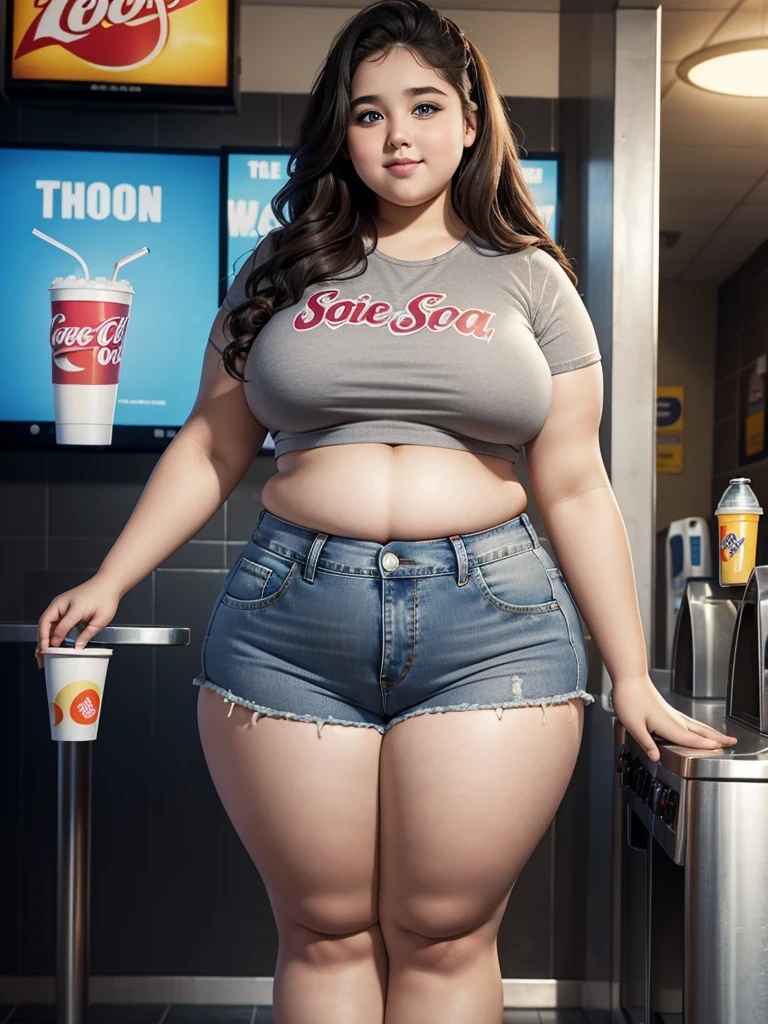 A really fat adorable cute obese young 17 year old fat girl which is 5 feet and 1 inch tall, with very kind feminine beautiful face, long curly beautiful hair, blue eyes, one whole huge bloated soft obese belly, very wide hips and obese wide thights, huge fat booty, fat arms, smiling in a small tight jean skirt and a gray crop top. Next to the the drinking fountain in a fast food restaurant holding a cup full of soda in both hands